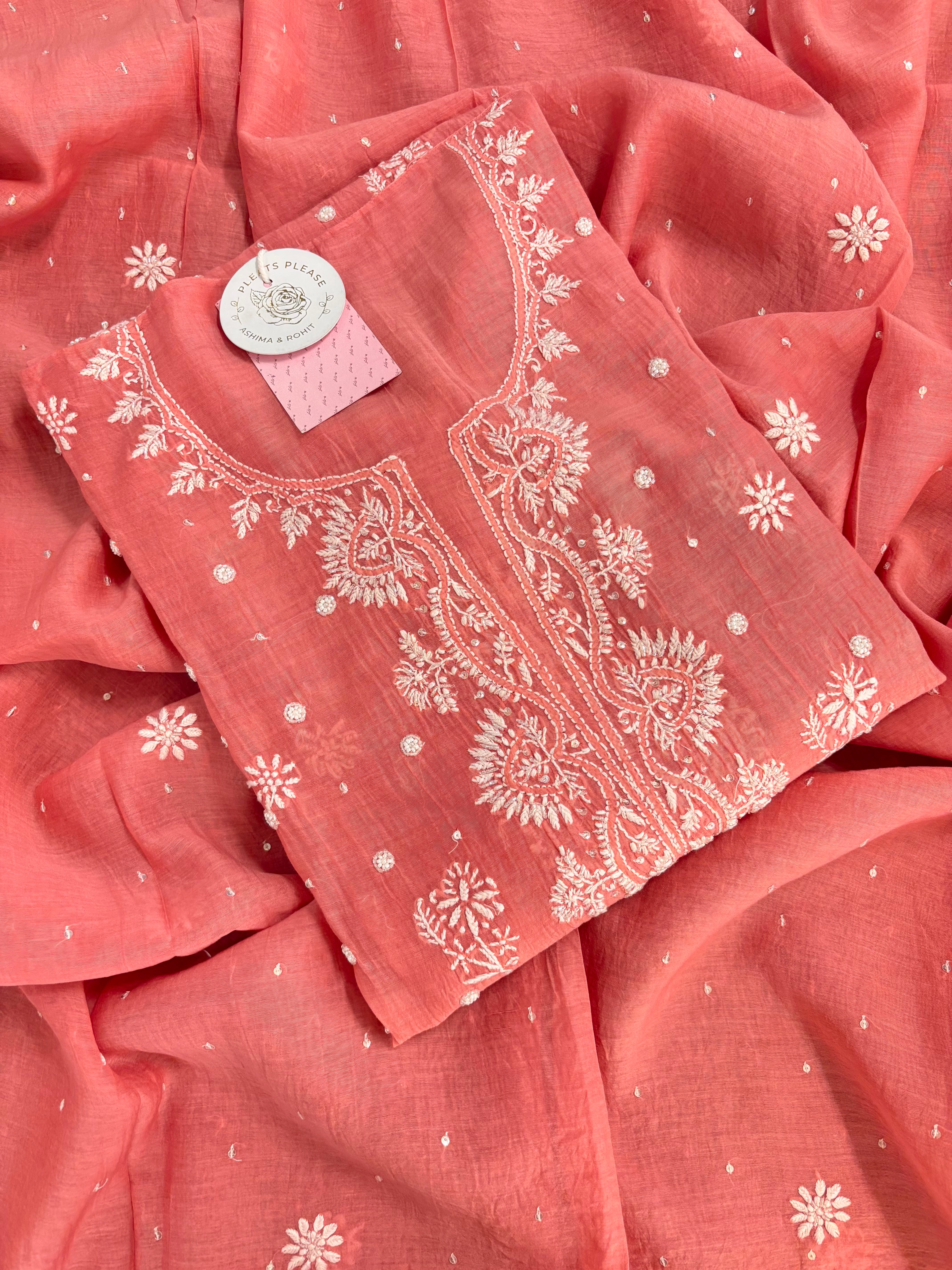 Peach Chanderi Mul Chikankari Kurta & Dupatta