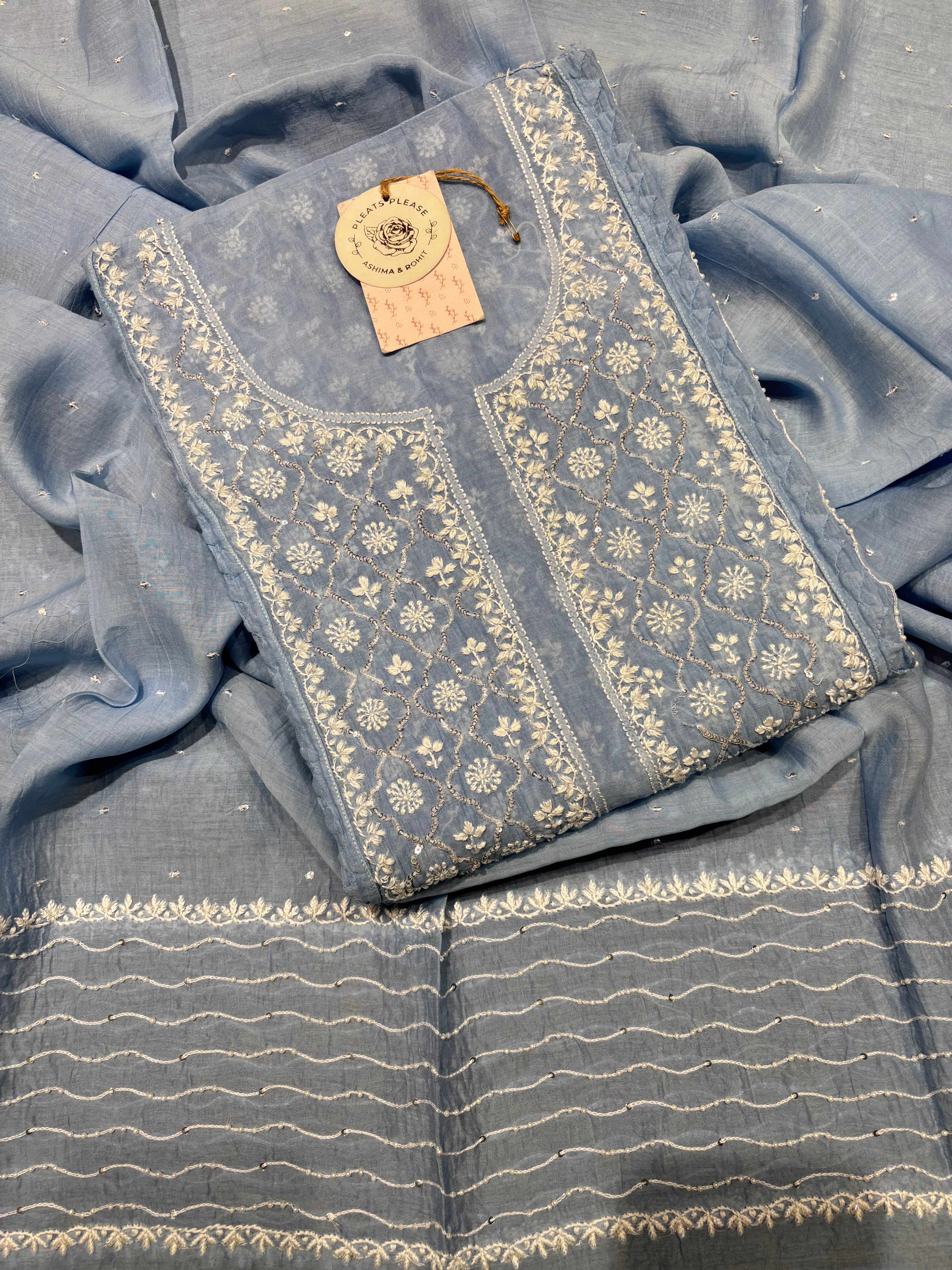 Powder Blue Chanderi Mul Chikankari Kurta & Dupatta Set