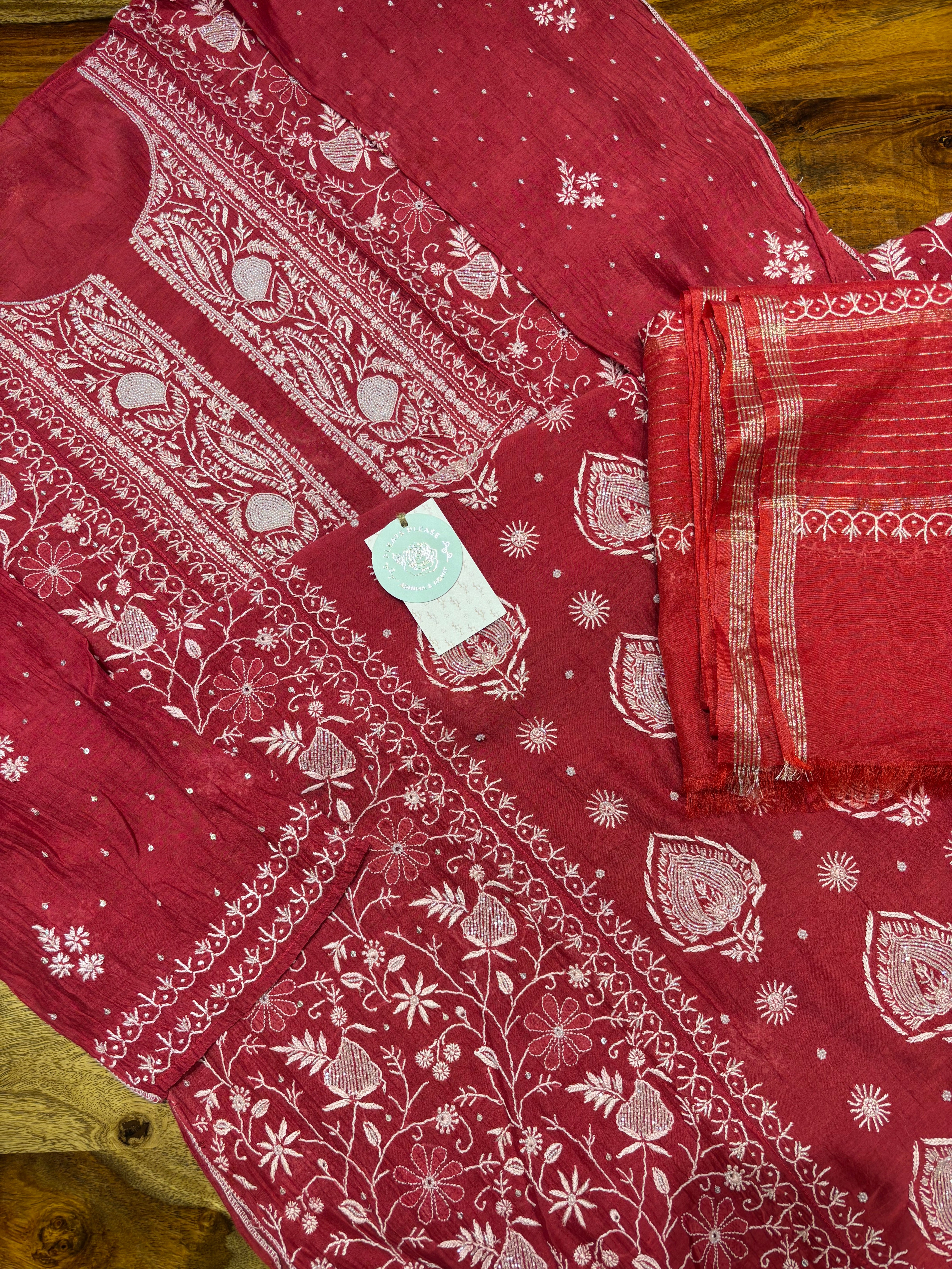 Red Chanderi Mul Chikankari Kurta & Dupatta Set