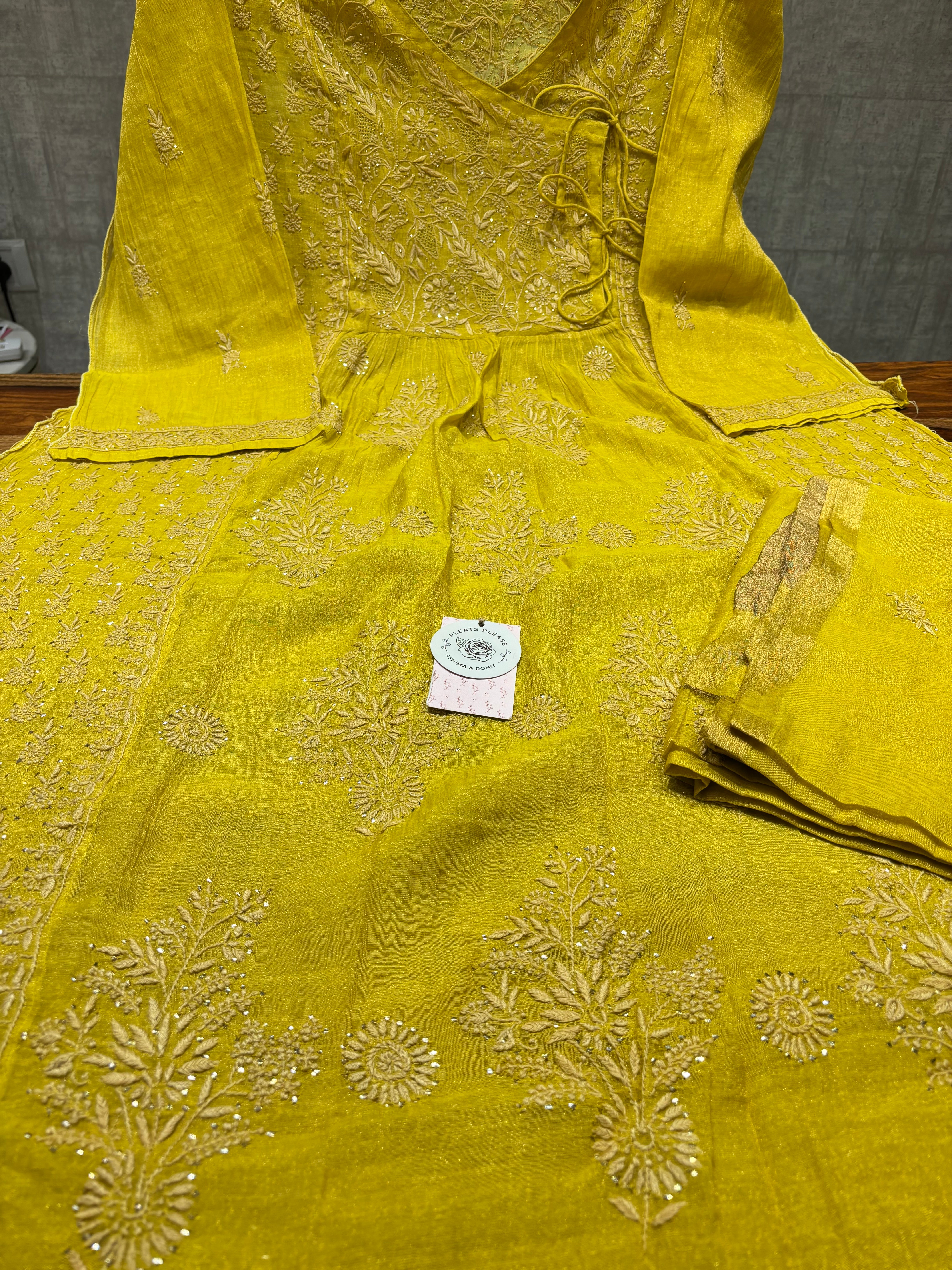 Yellow Pure and Premium Tissue Chikankari & Mukaish Angrakha and Dupatta Set