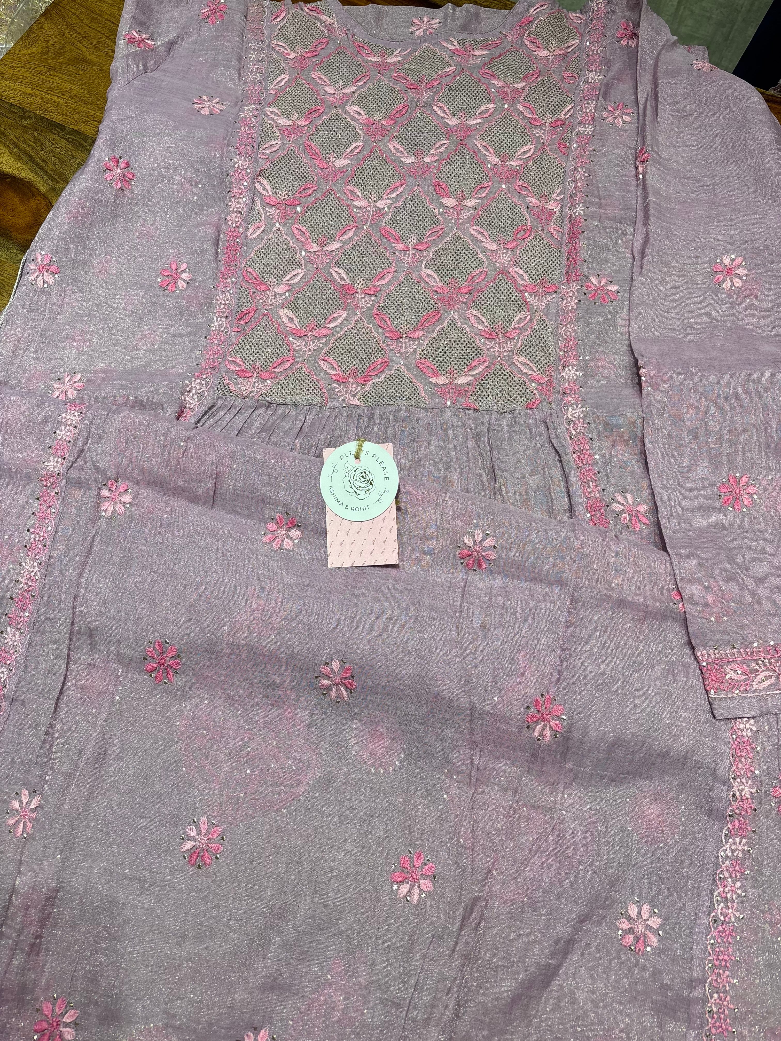 Lilac Pure & Premium Tissue Chikankari Tunic Kurta & Dupatta Set