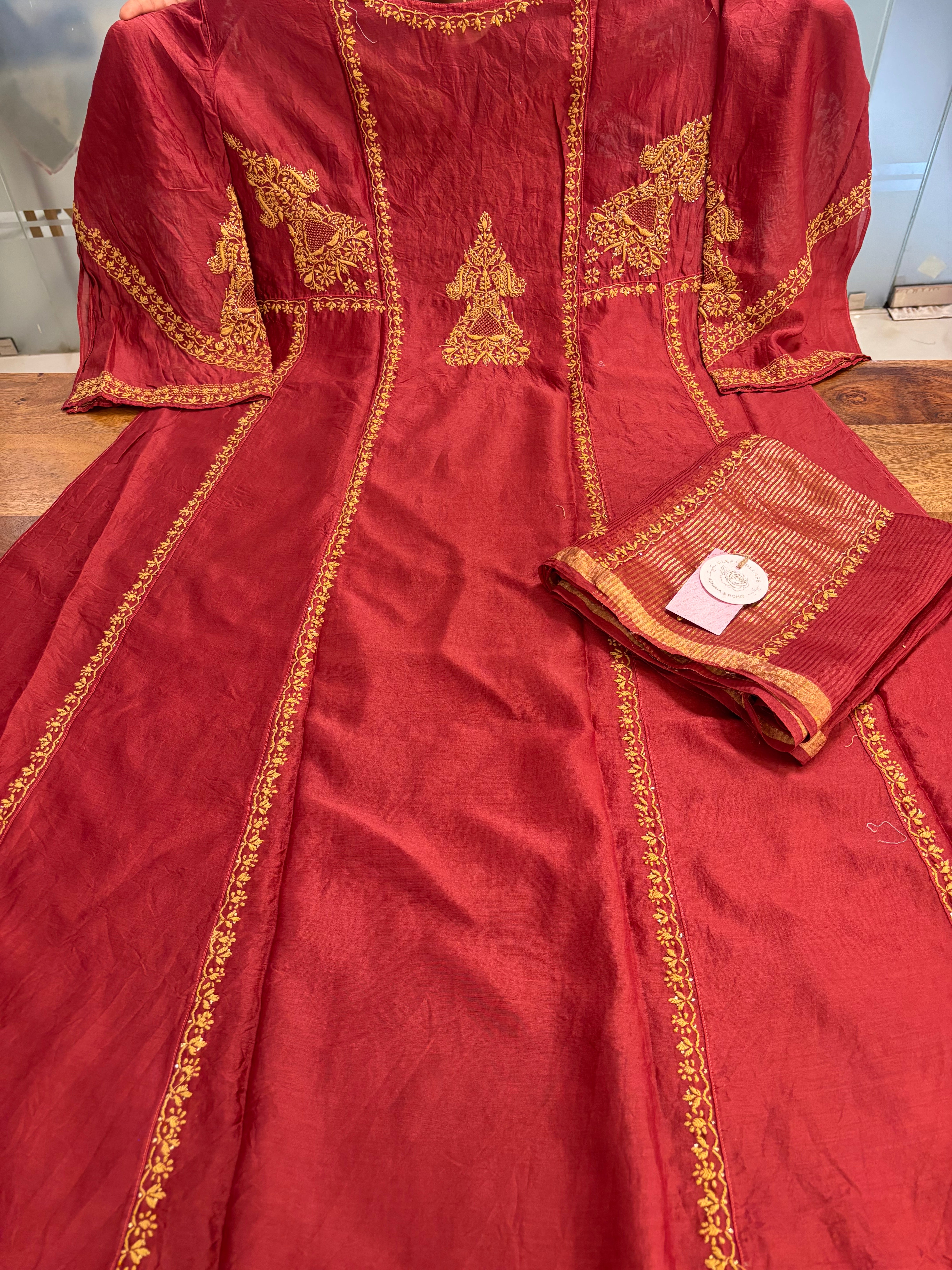 Maroon Chanderi Silk A-line Chikankari Mukaish Kurta & Dupatta Set