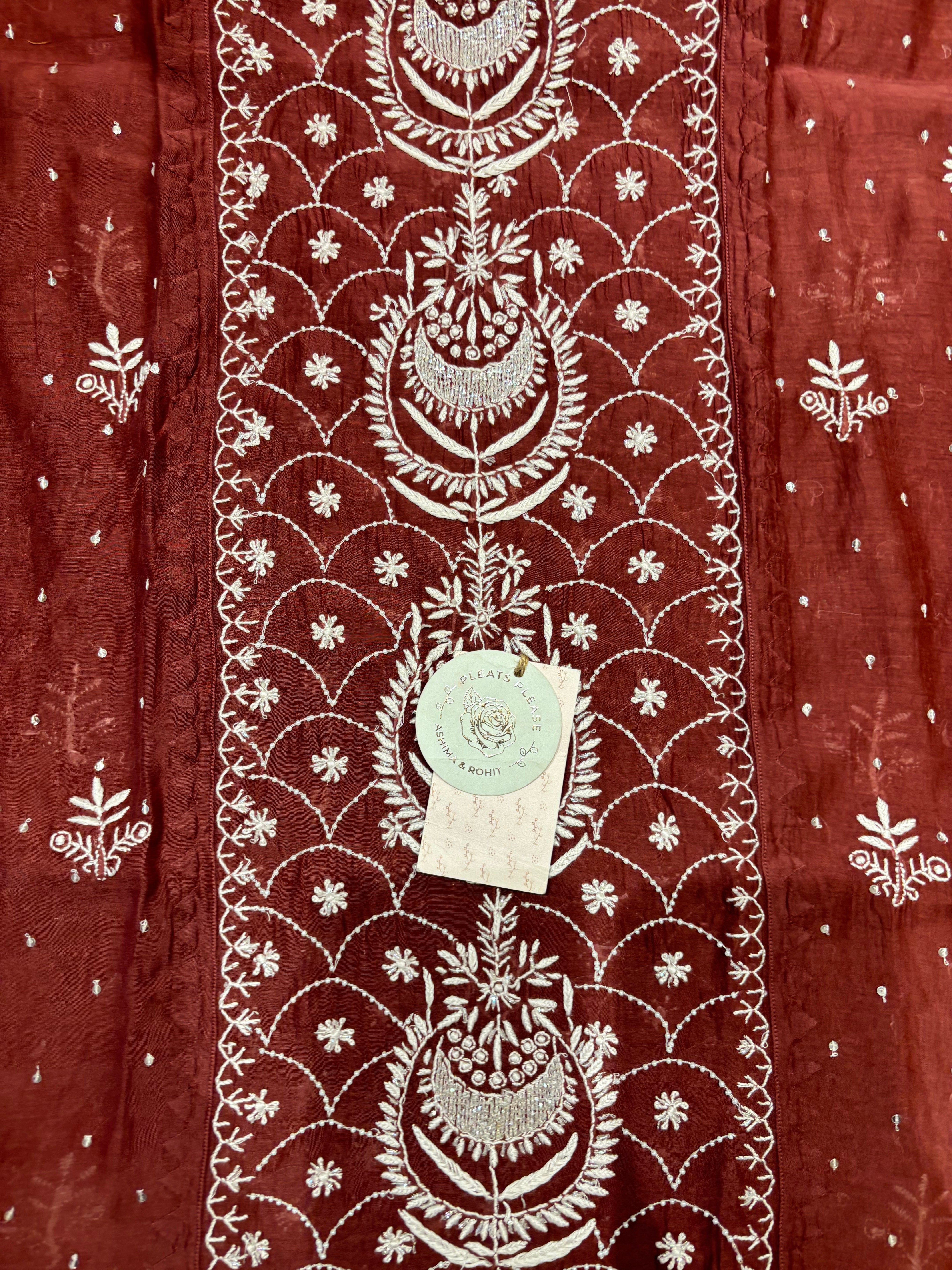 Red Cherrywood Chanderi mul Chikankari Kurta and Dupatta set