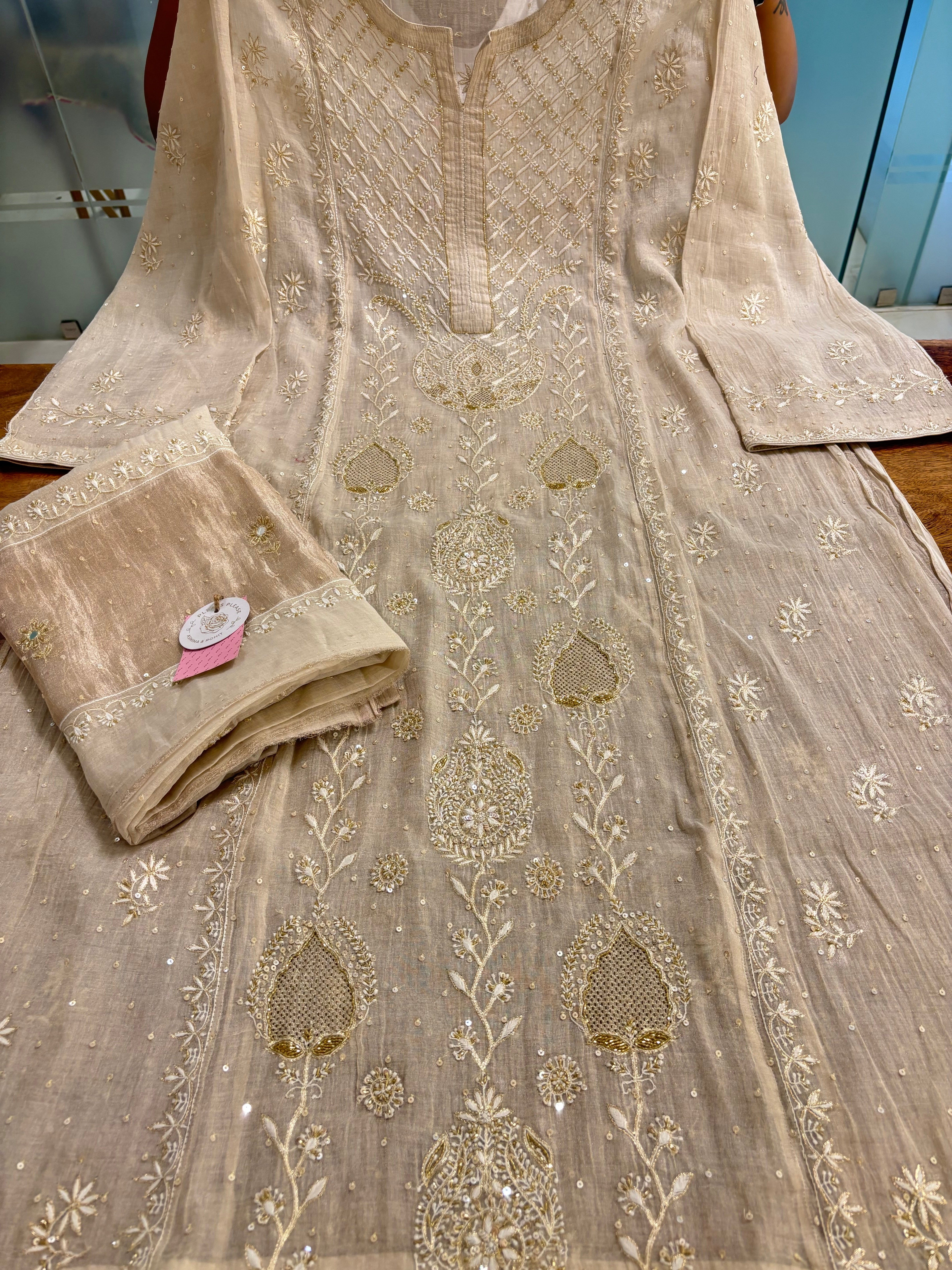 Dyeable Ivory Silver Pure & Premium Tissue Chikankari Kurta & Dupatta