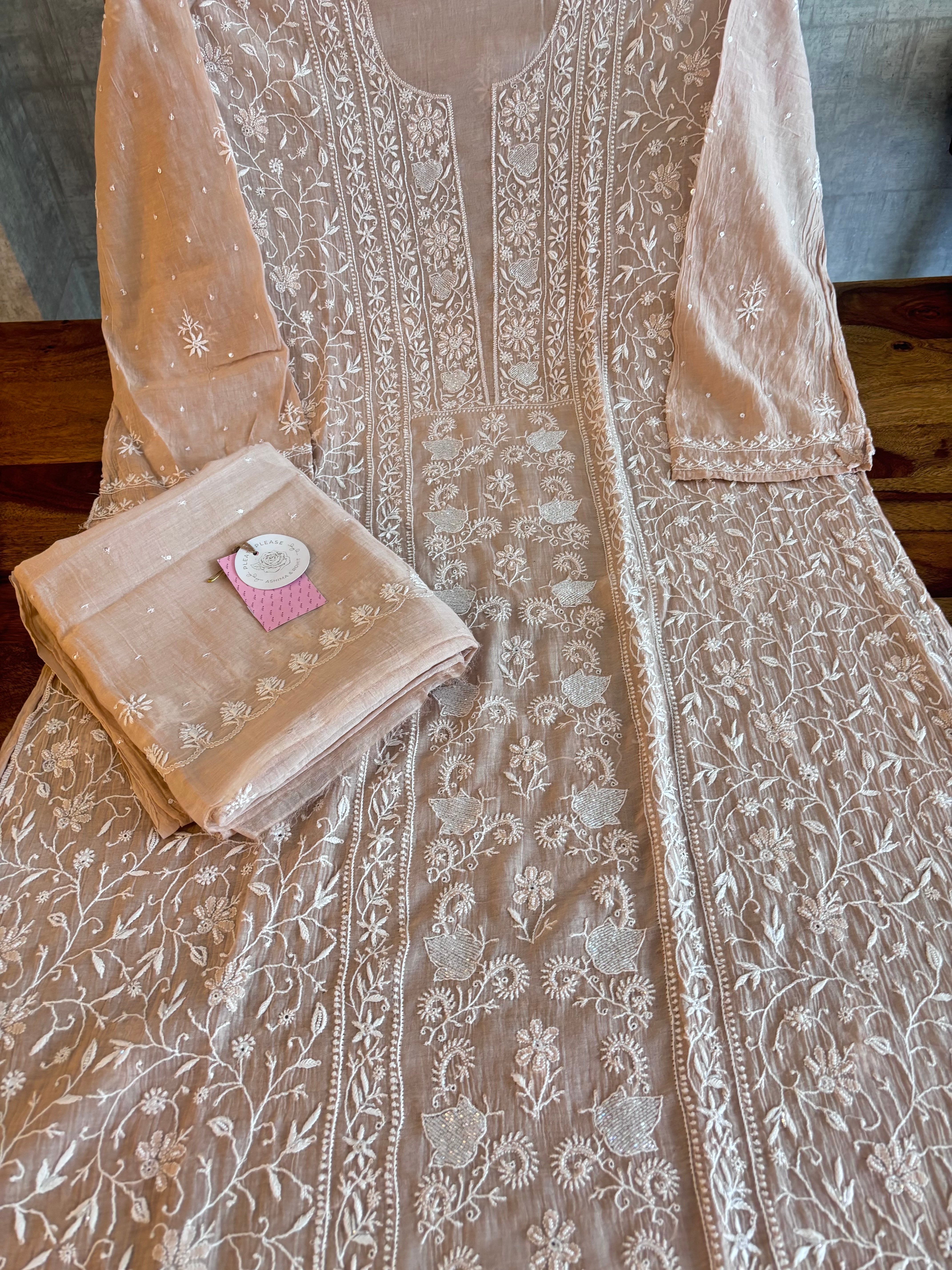 Blush Cream Chanderi Chikankari Kurta & Dupatta