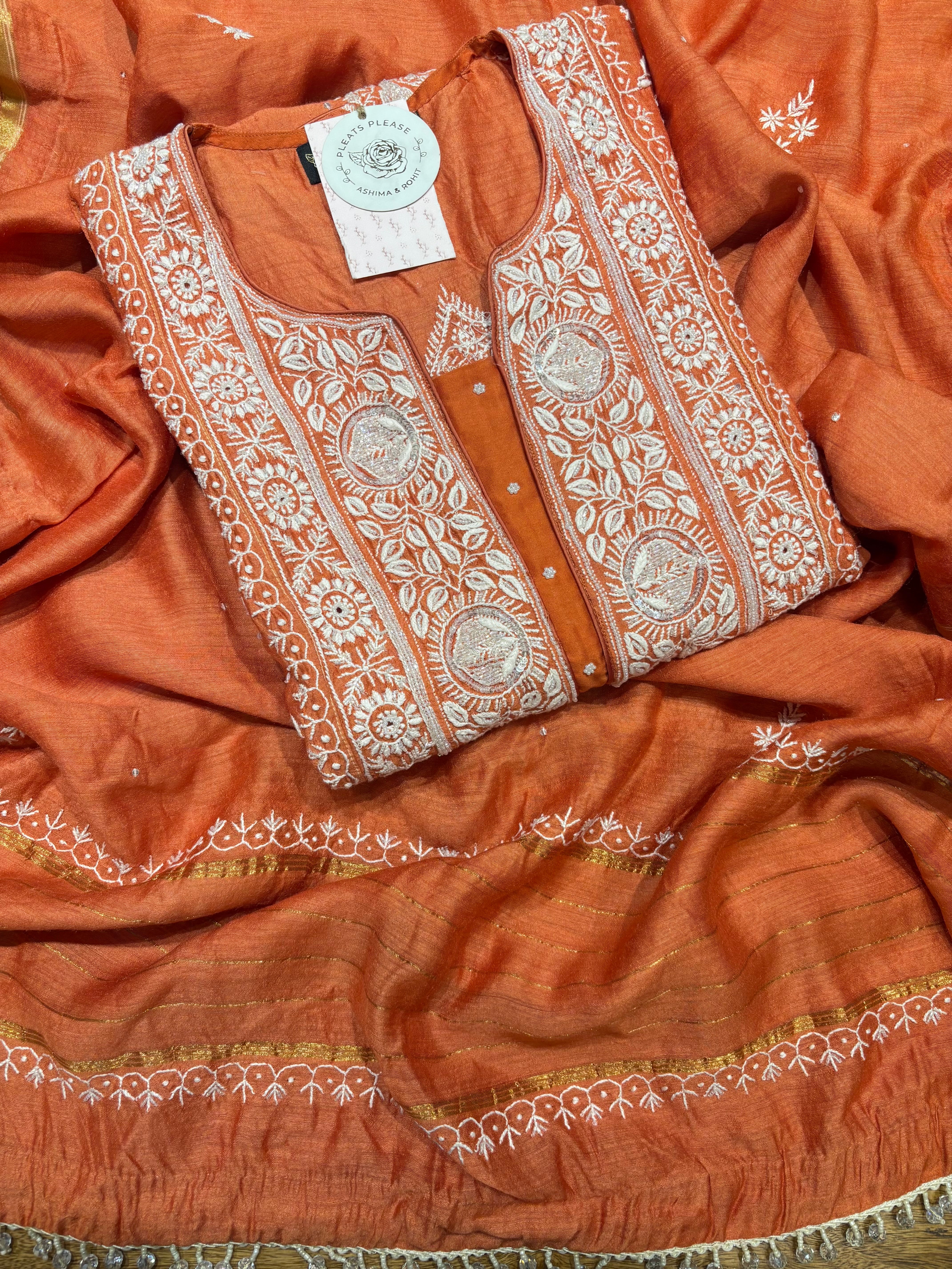Burnt Orange Monga Silk Chikankari Kurta And Dupatta Set