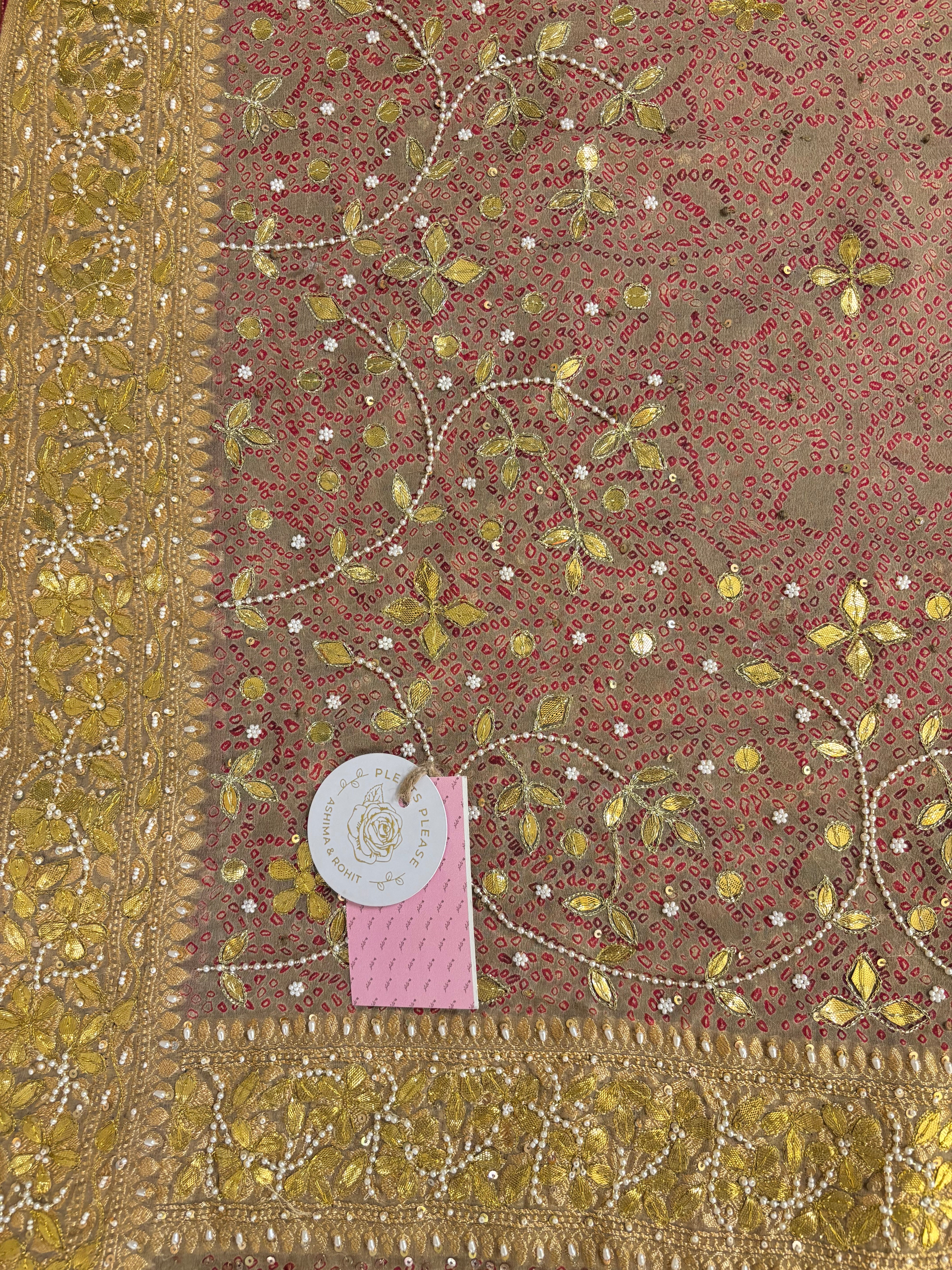Beige-Red Pure & Premium Georgette Gota Patti Bandhej Zardozi Dupatta - Pleats PleaseChikankari