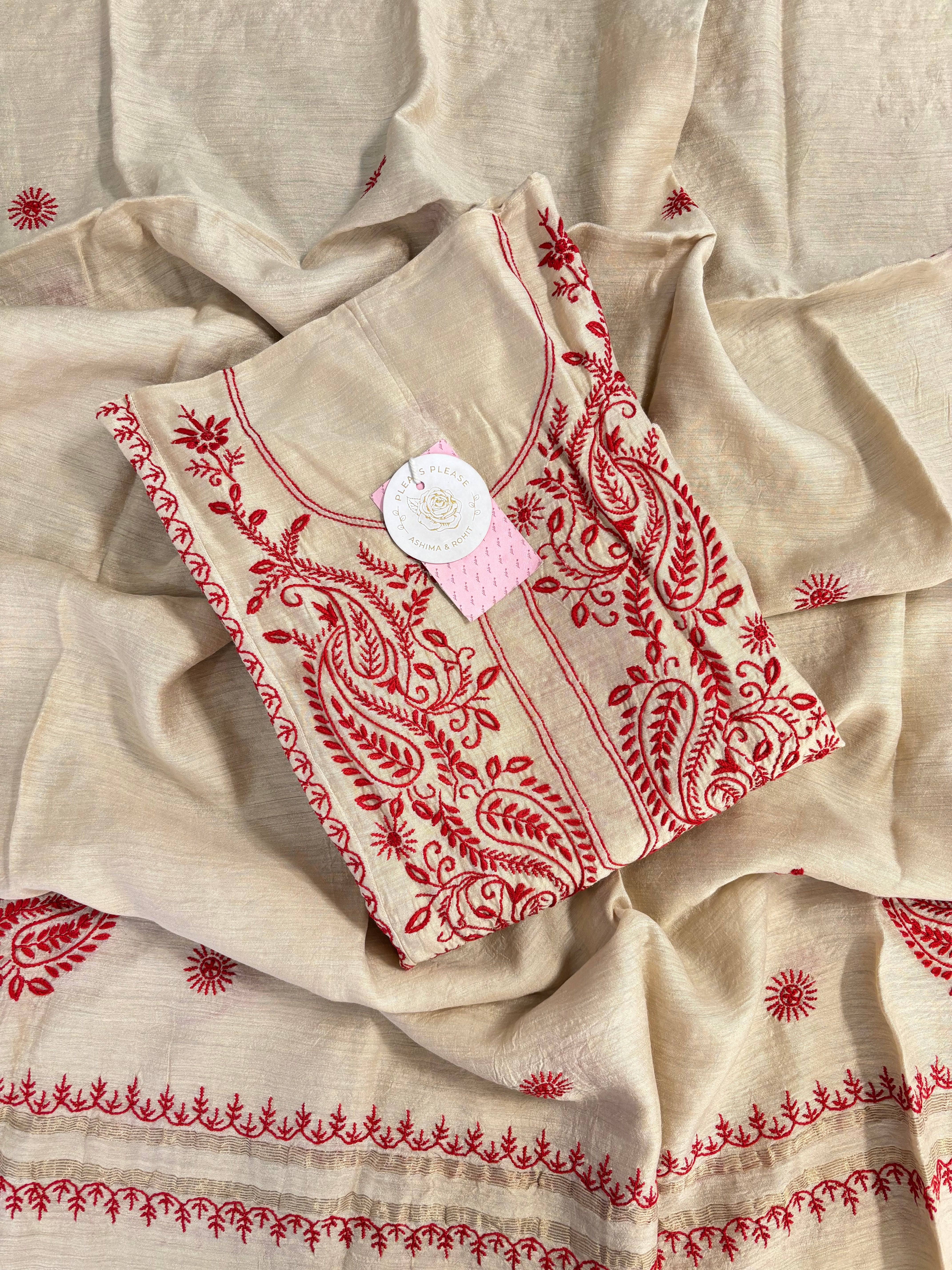 Dyeable Munga Silk Chikankari Kurta & Dupatta Set