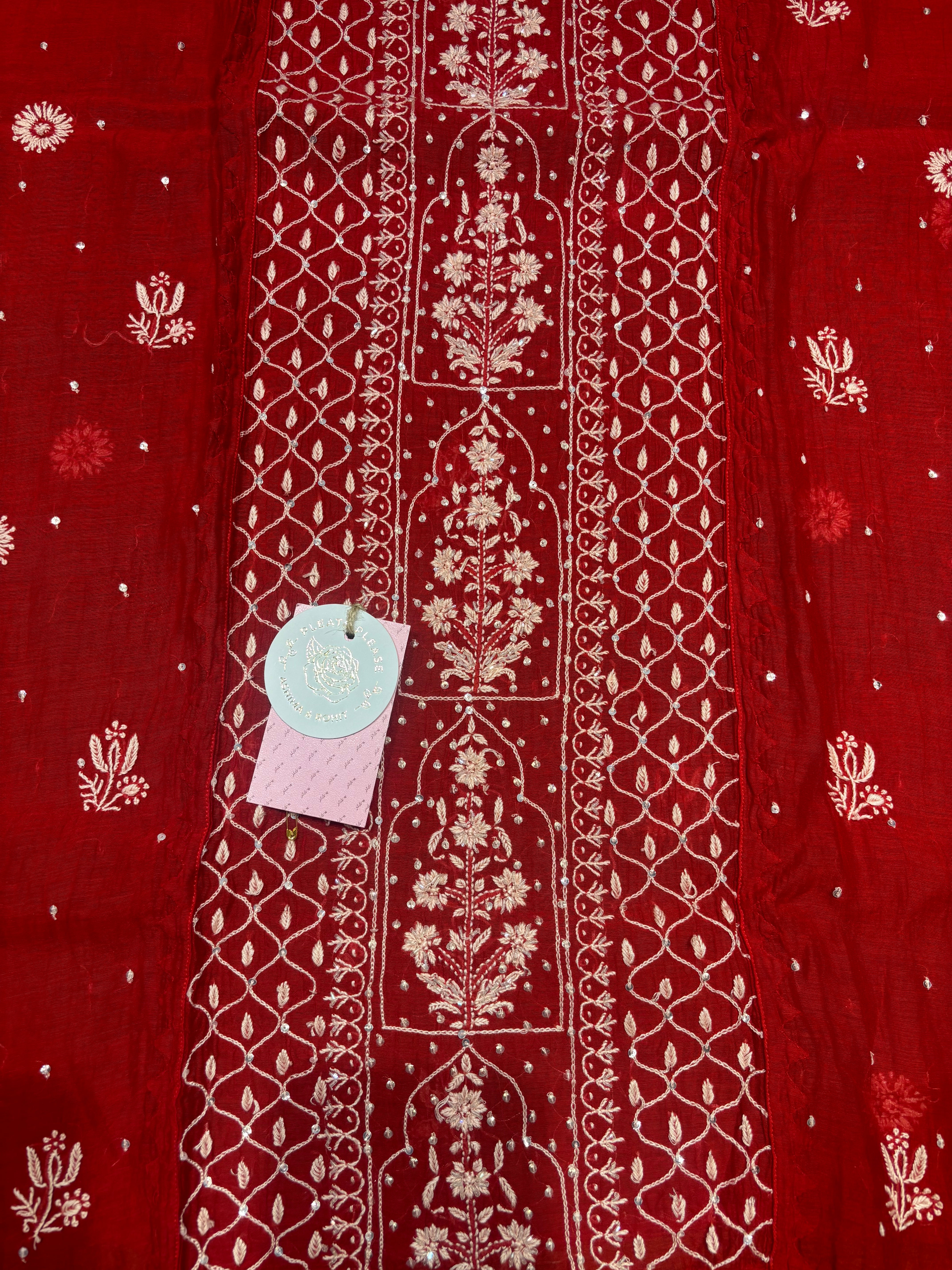 Red Chanderi Mul Chikankari Kurta and Dupatta Set