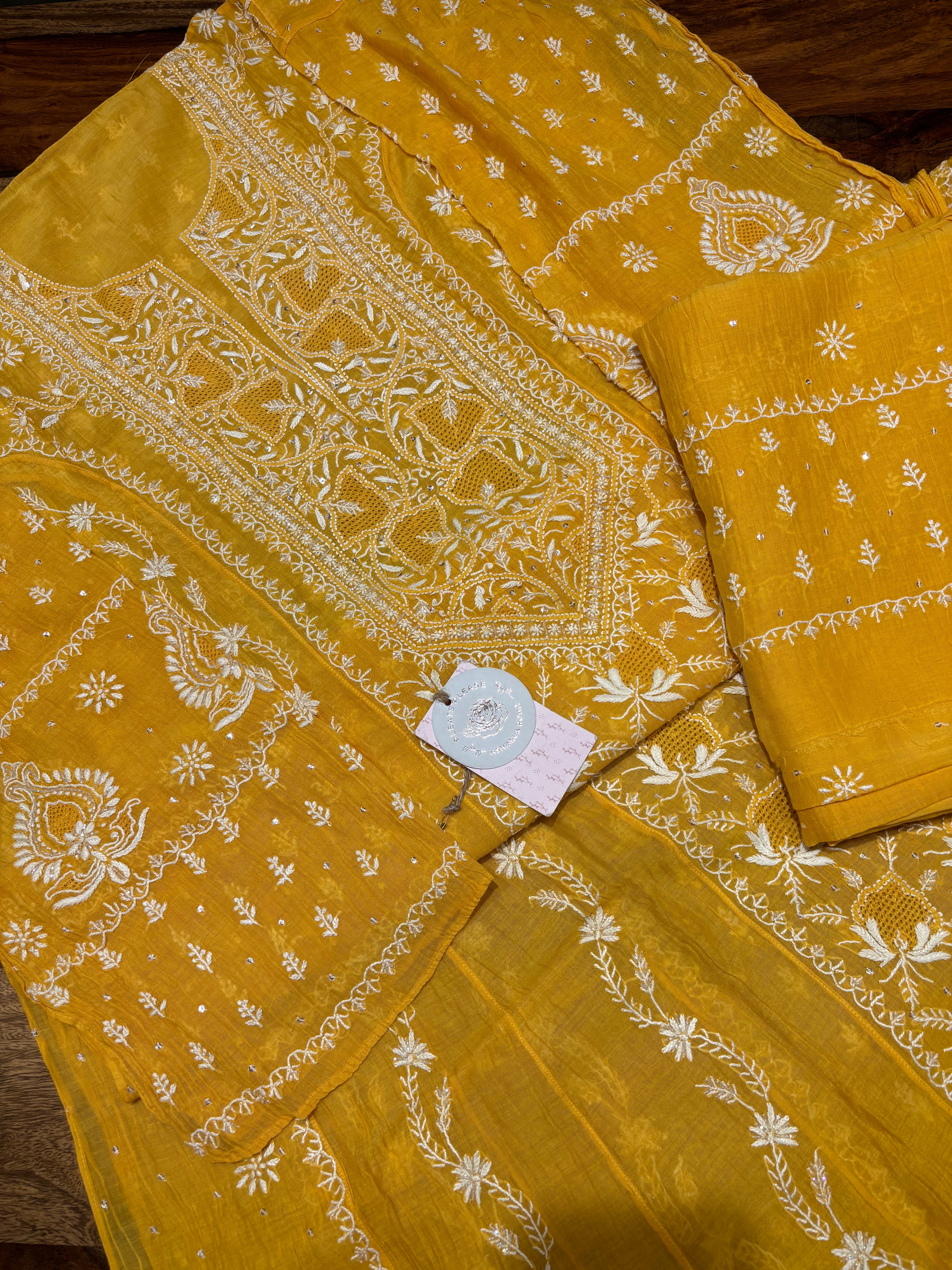 Yellow Chanderi Mul Chikankari Anarkali & Dupatta Set