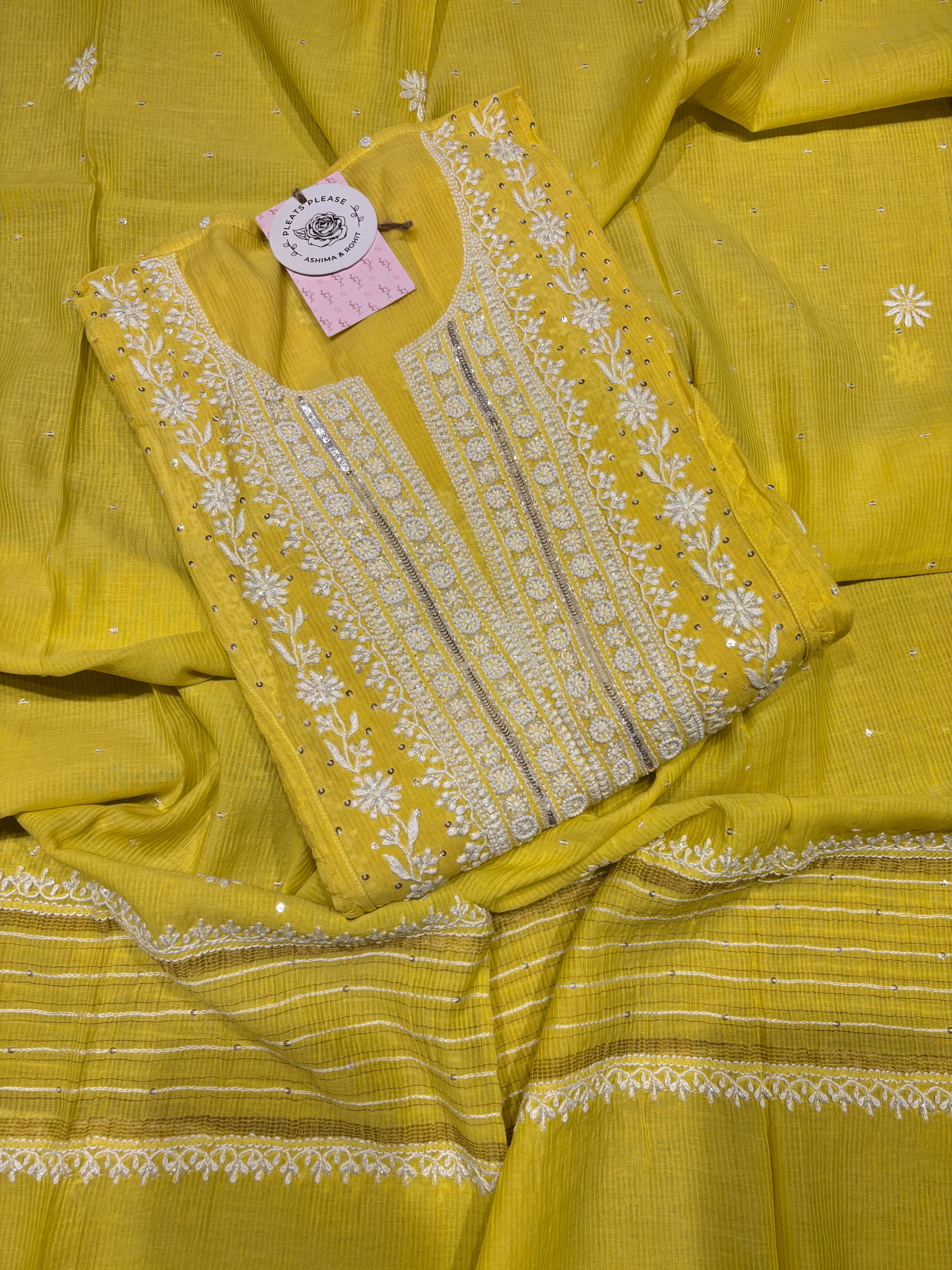 Lime yellow Chanderi Maheshwari Chikankari kurta and Dupatta set