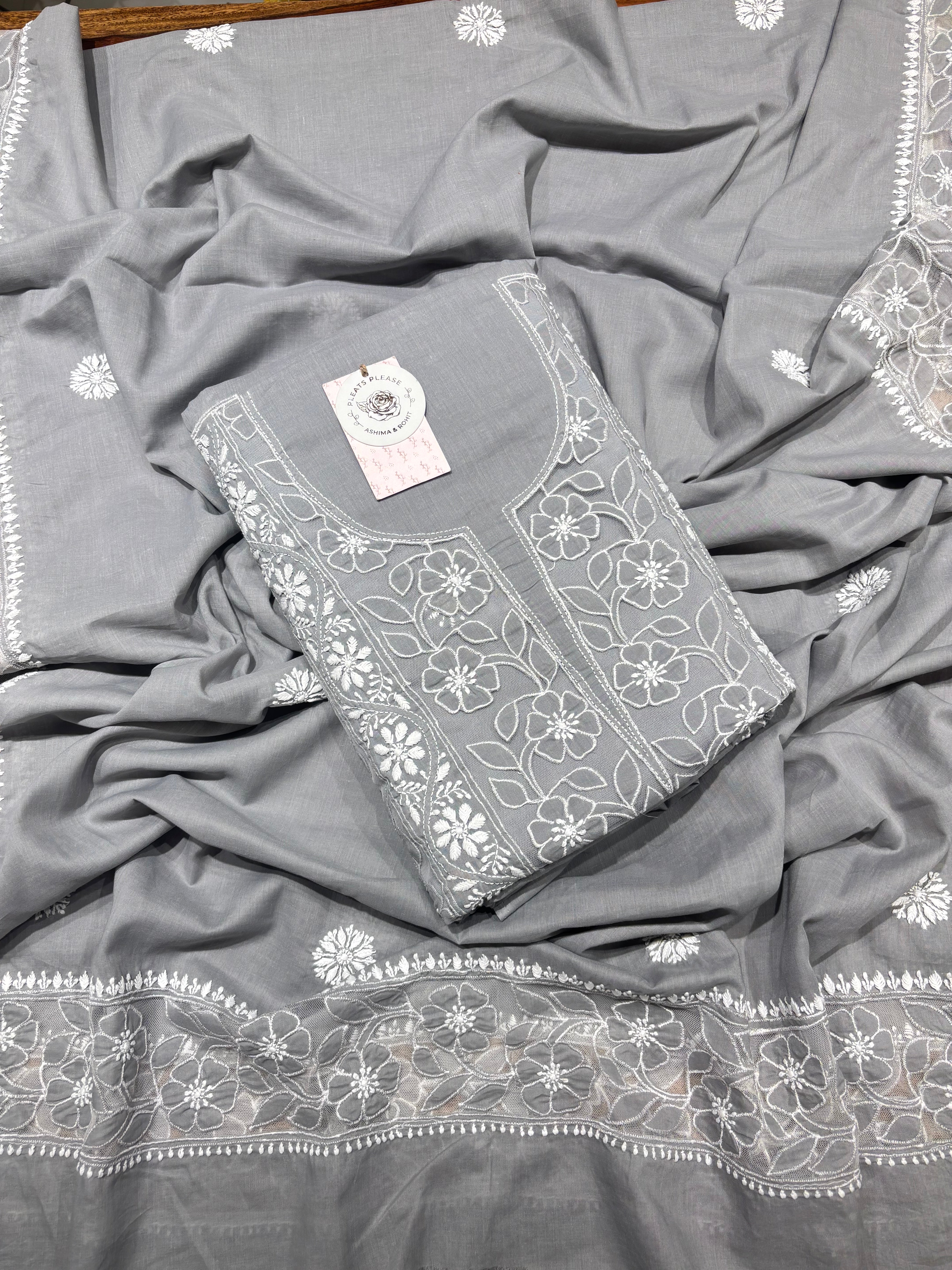 Gray Mulmul Soft Net Chikankari Applique Kurta And Dupatta Fabric
