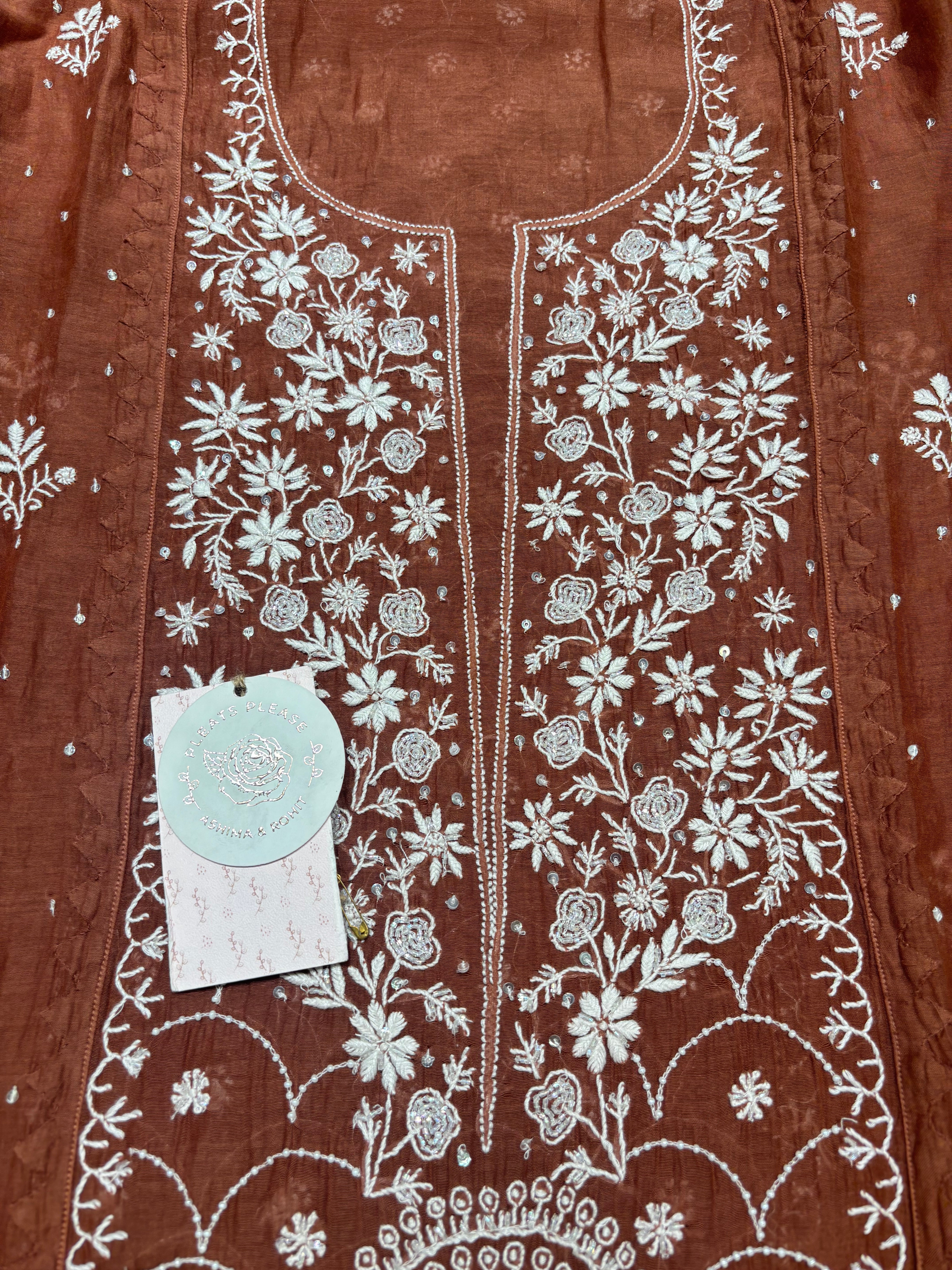 Brown Chanderi Mul Chikankari Kurta & Dupatta Set
