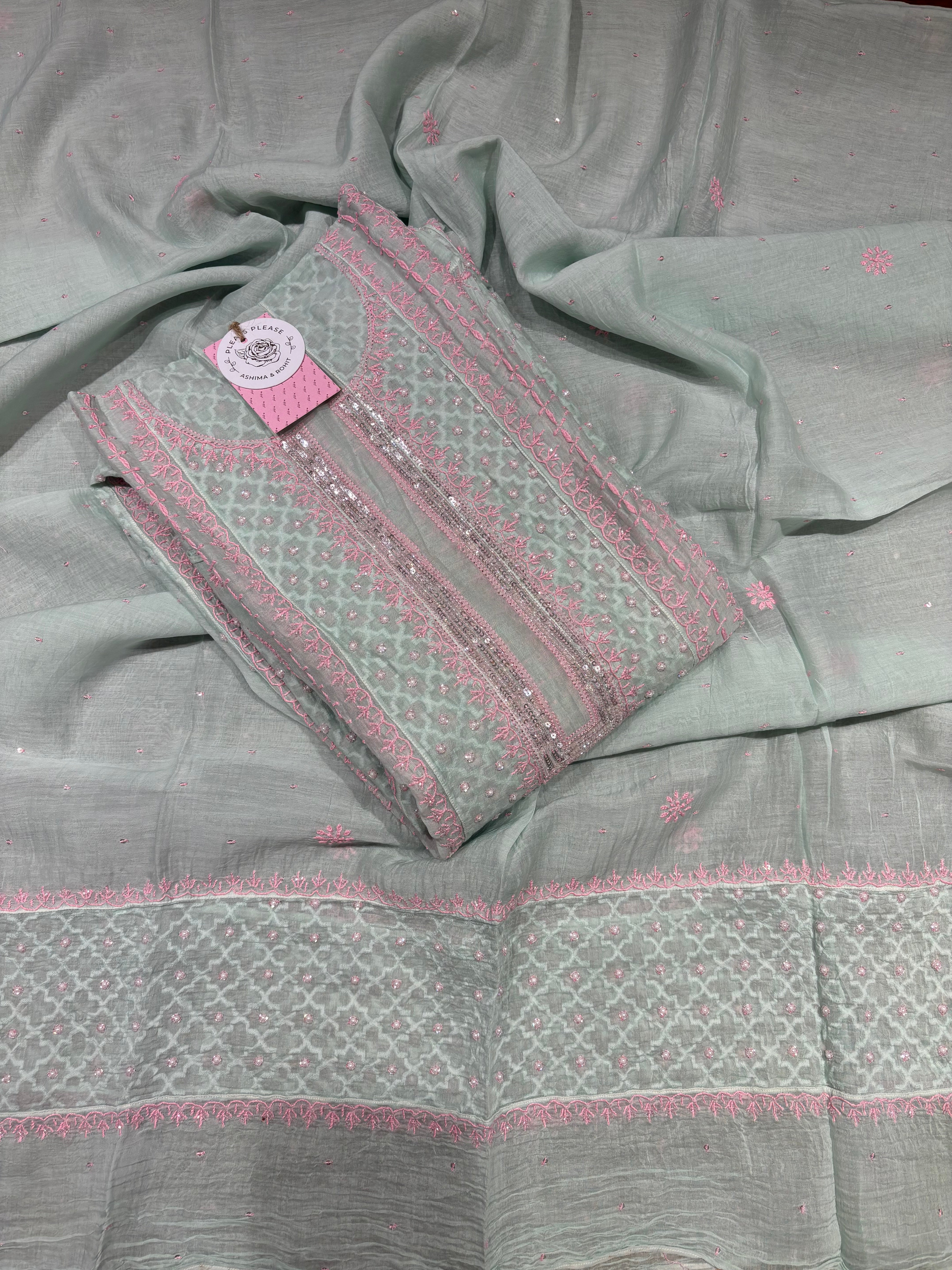 Mint Green Chanderi Mul Chikankari Anarkali & Dupatta Set