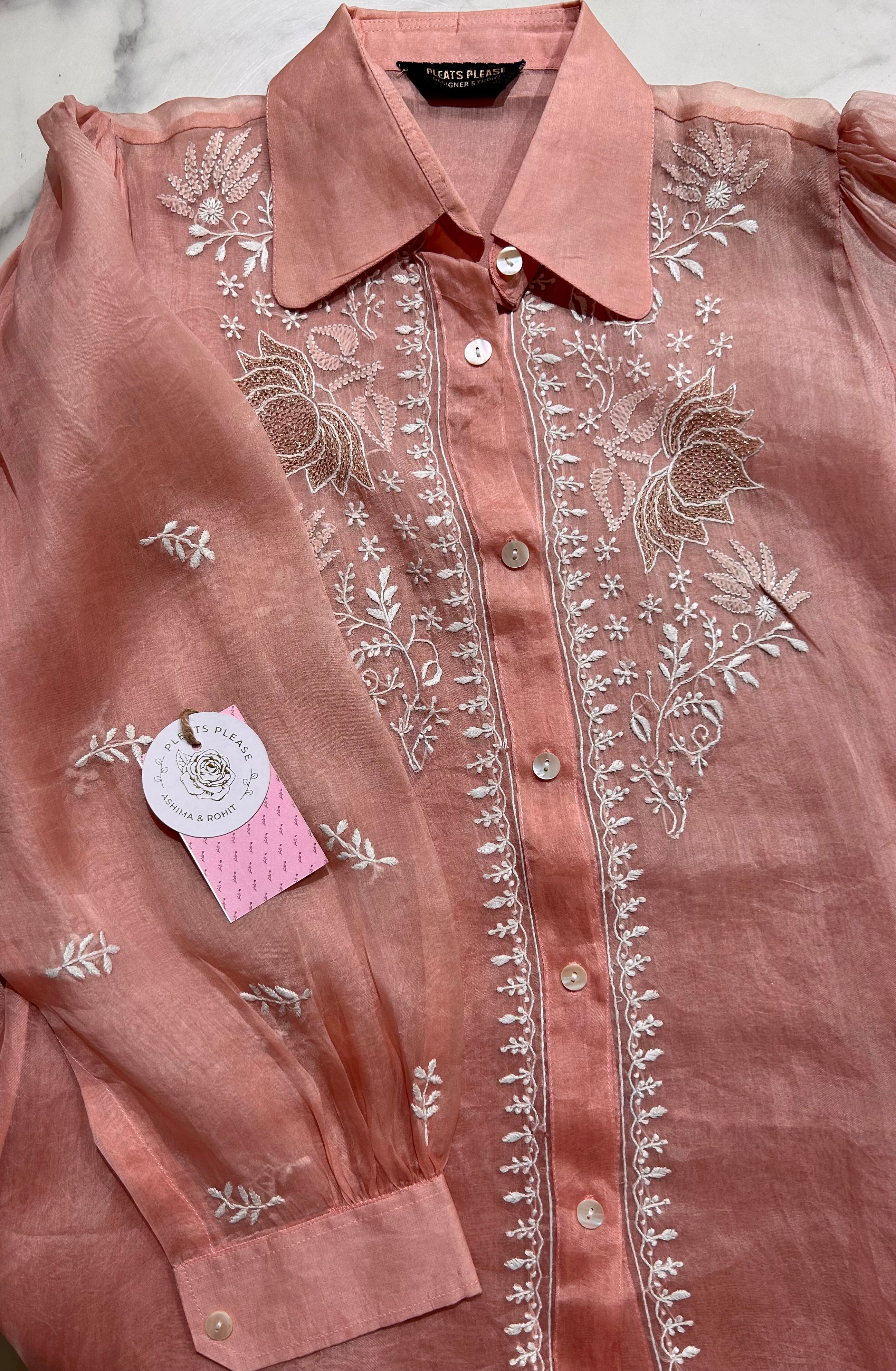 Peach Pure Organza Chikankari Shirt - Pleats PleaseChikankari