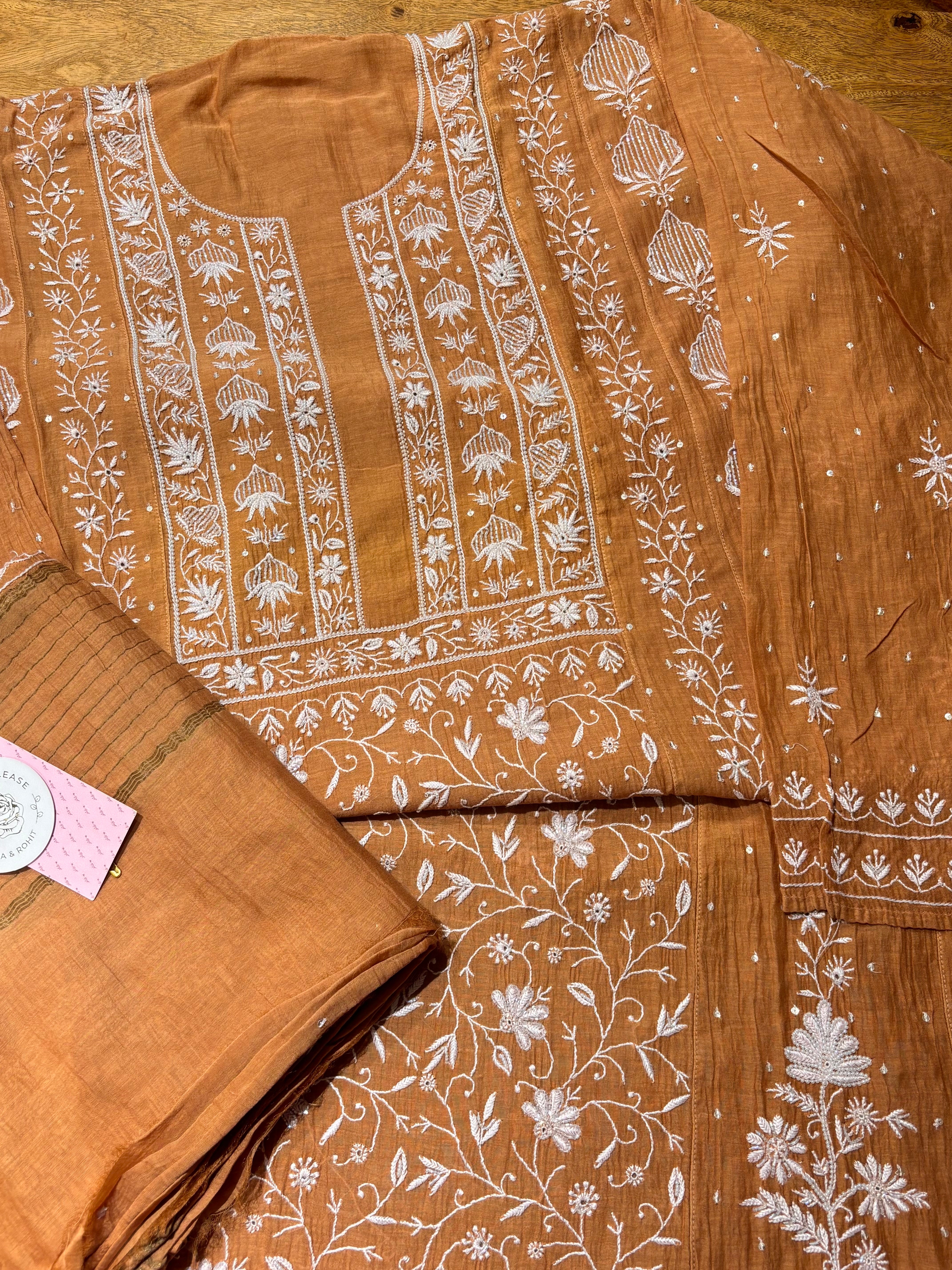 Caramel Brown Chanderi Mul Chikankari A-Line Kurta & Dupatta
