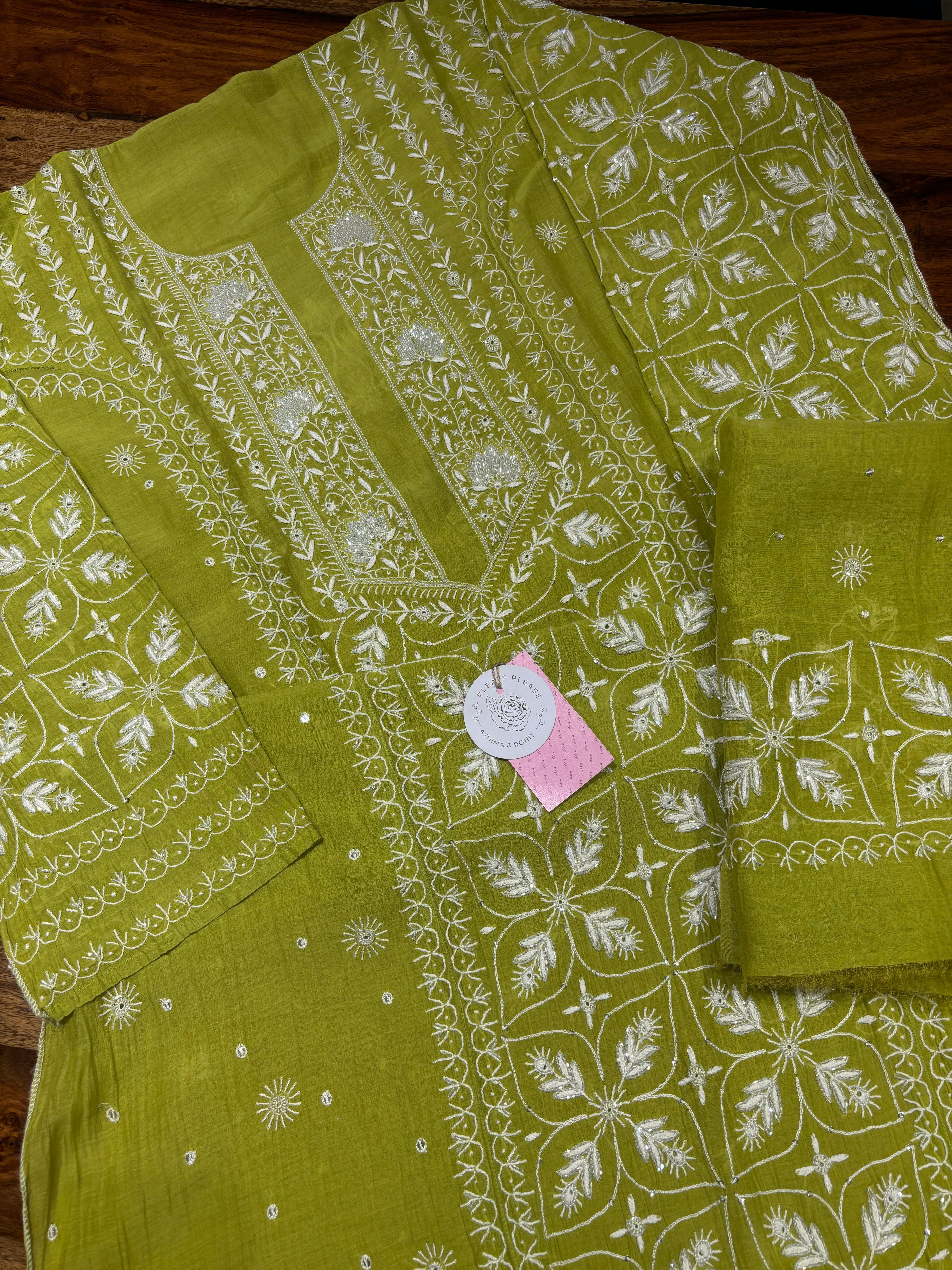 Green Chanderi Mul Chikankari Kurta & Dupatta Set