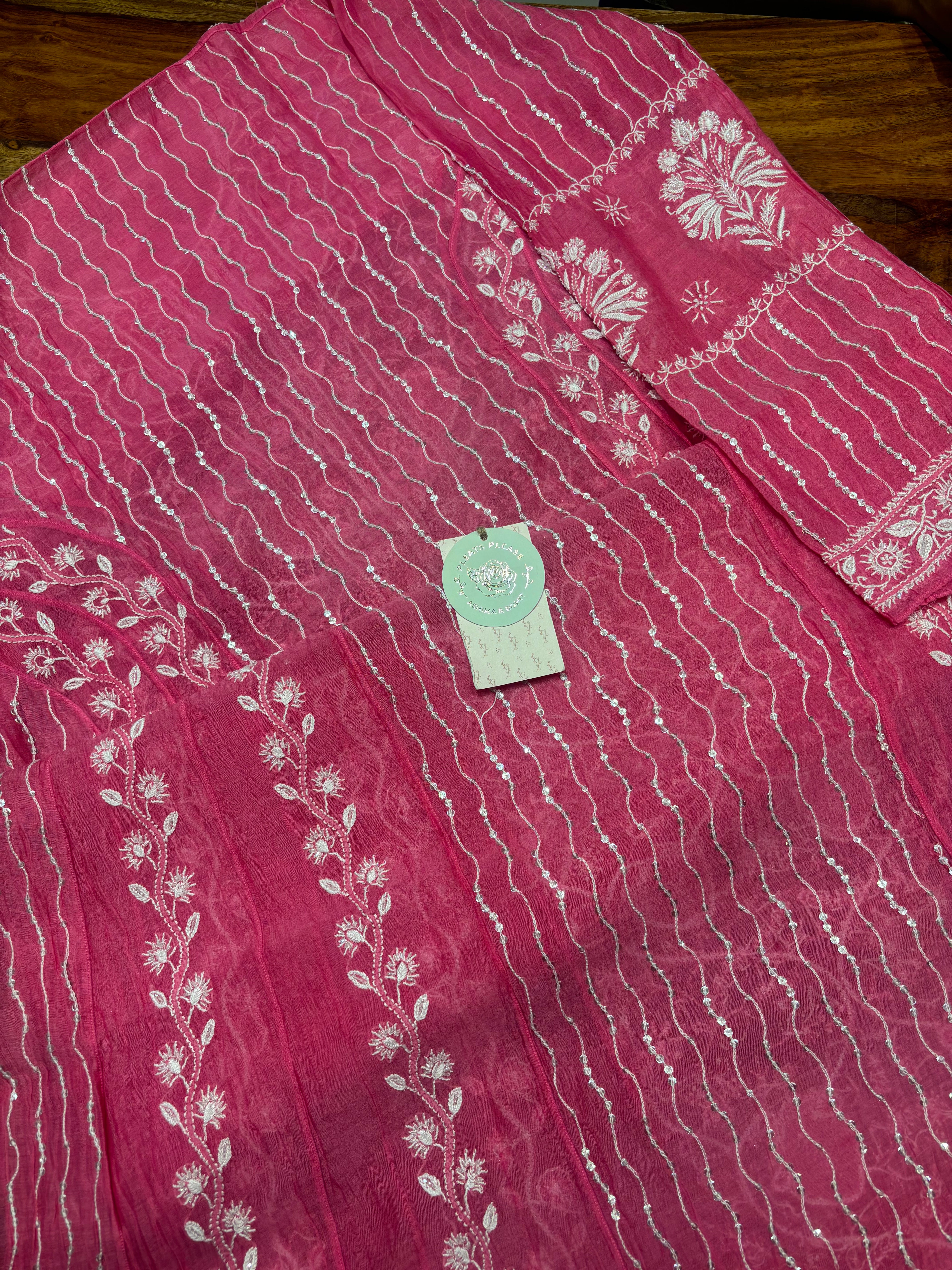 Fuschia Pink Chanderi Mul Chikankari Anarkali & Dupatta Set