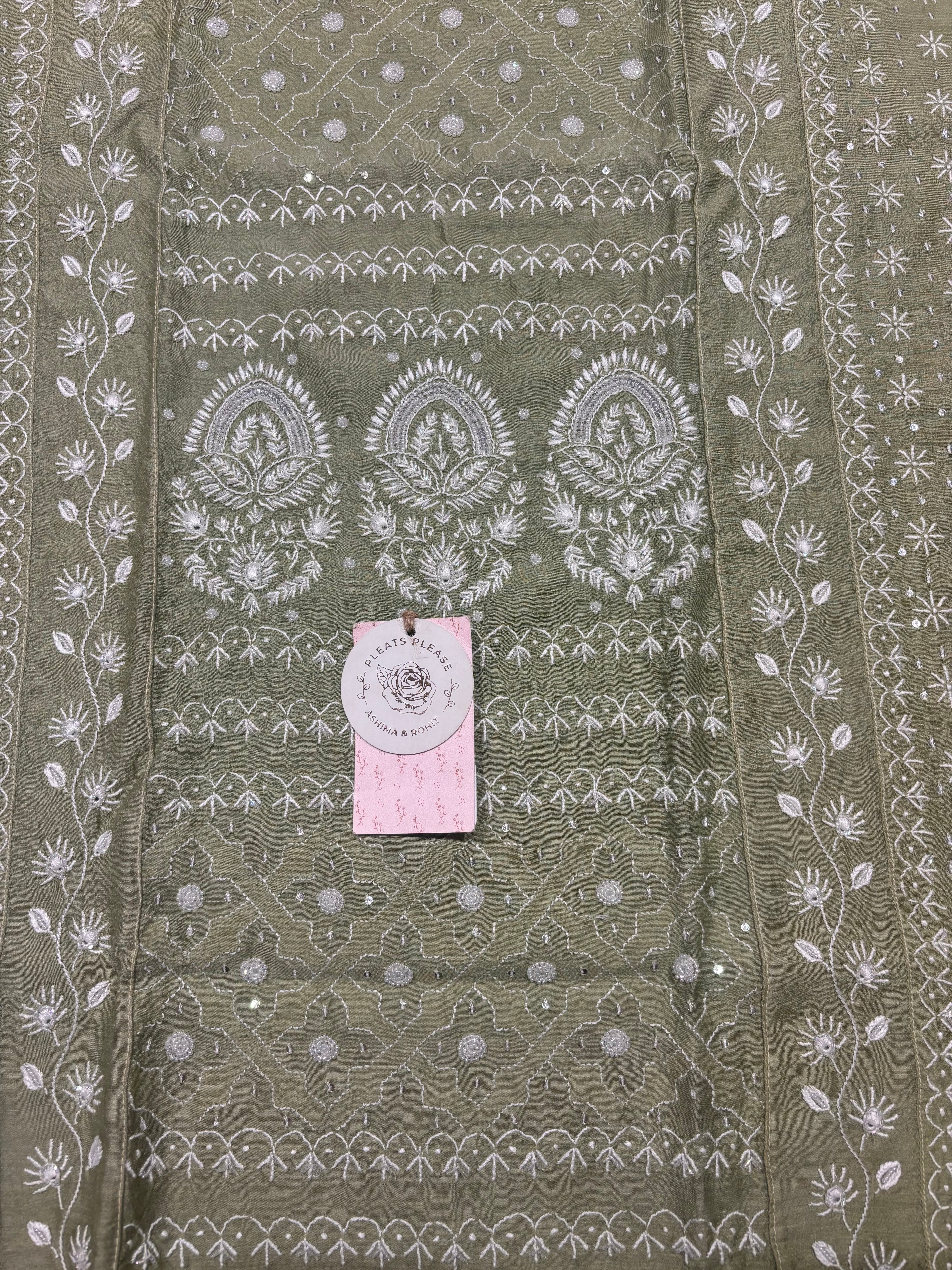 Mossy Green Pure and Premium Monga Silk Chikankari Kurta and Dupatta Set