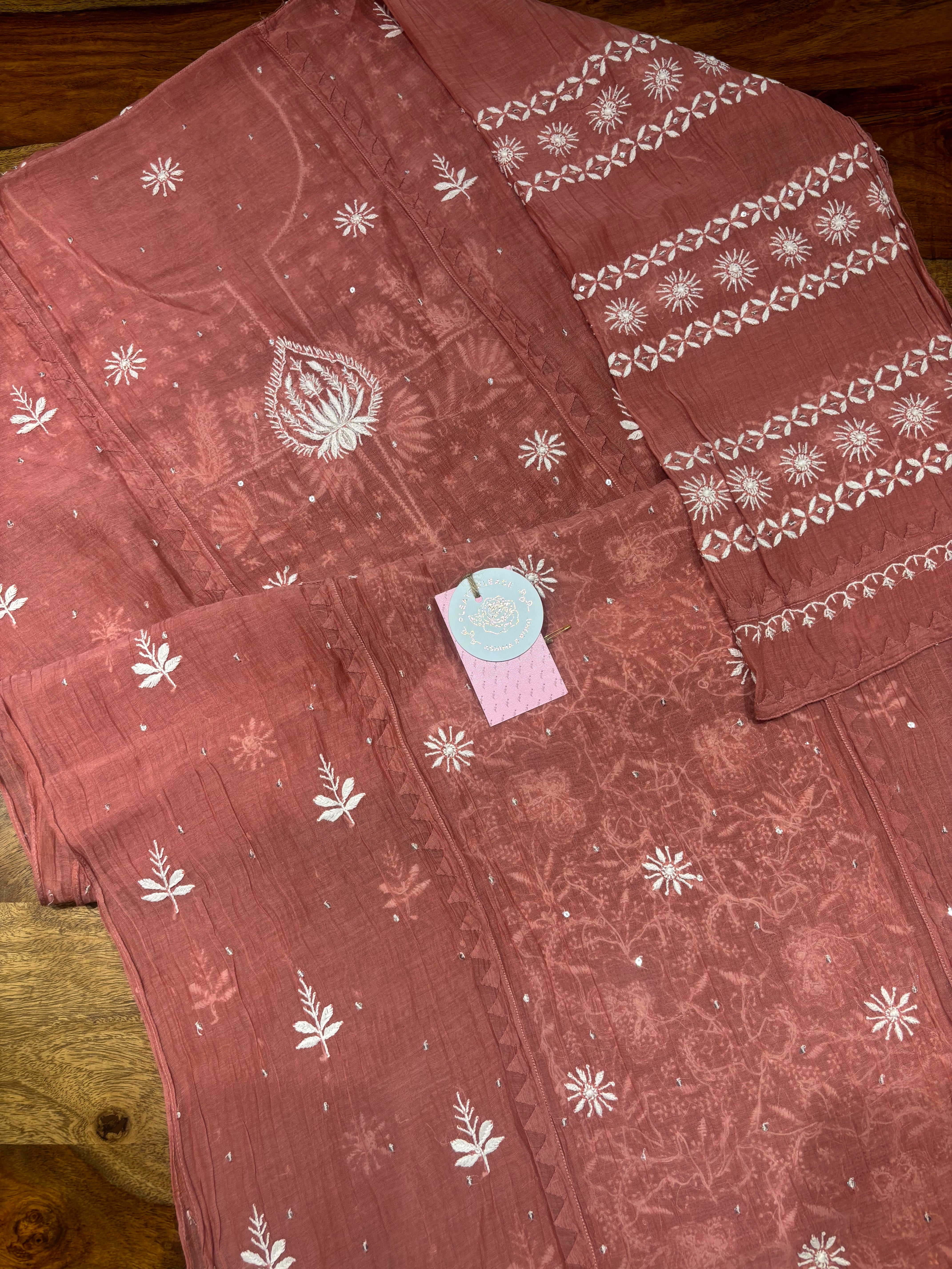 Coral Chanderi Mul Chikankari Kurta & Dupatta Set