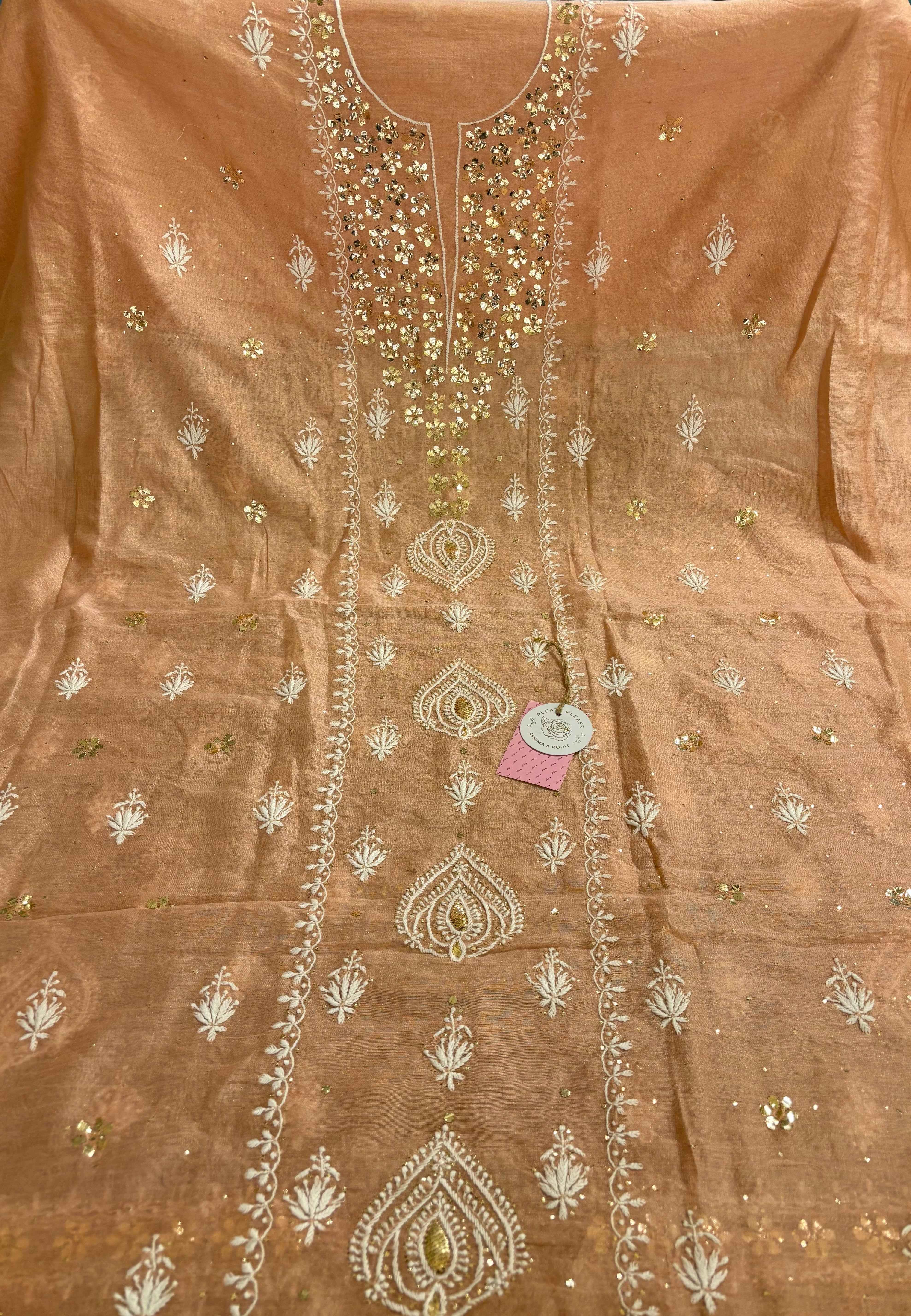 Peach Tissue Chikankari Mukaish kurta Dupatta set