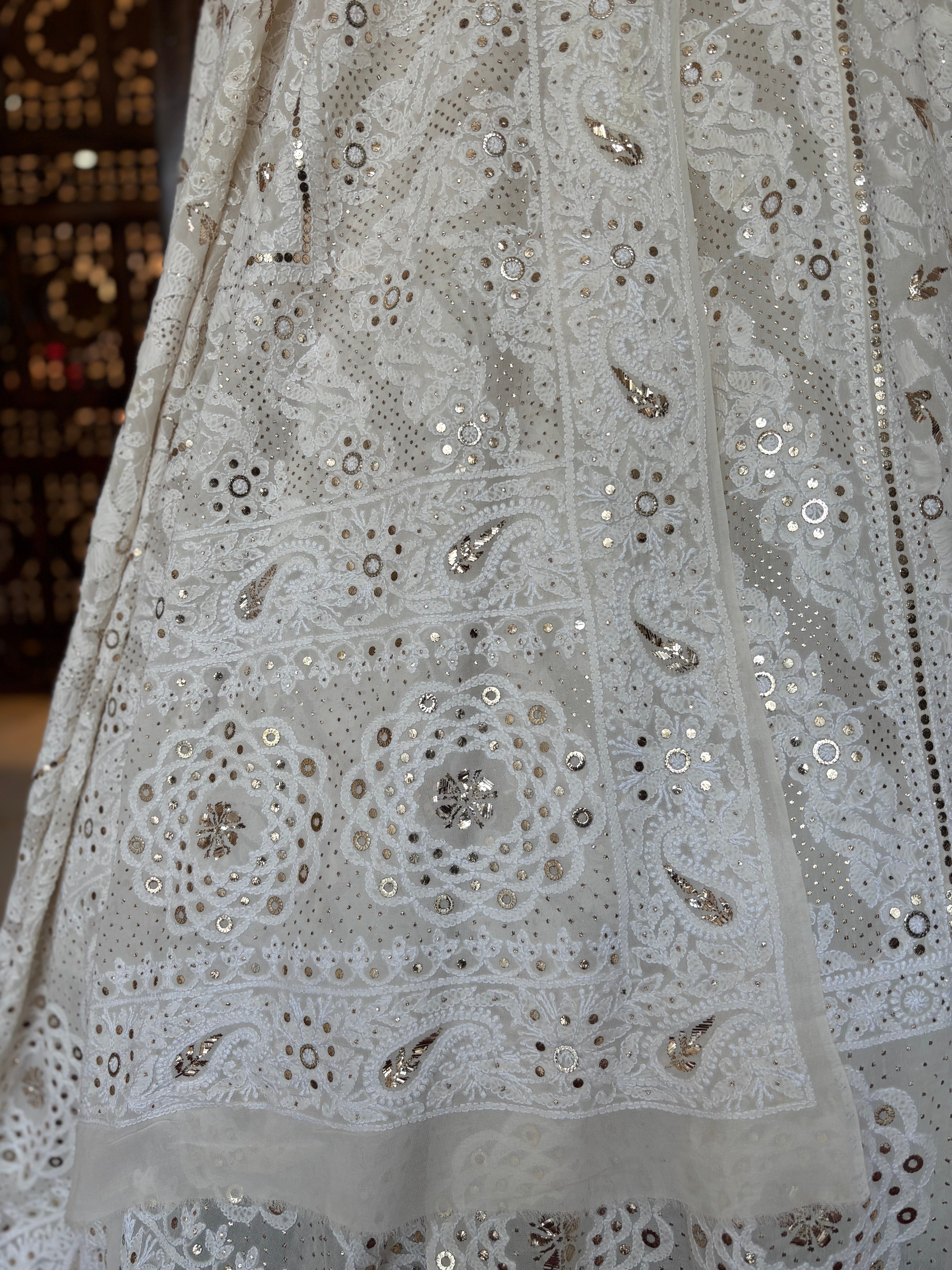 Dyeable Pure & Premium Georgette Mukaish Chikankari Lehenga - Pleats PleaseChikankari