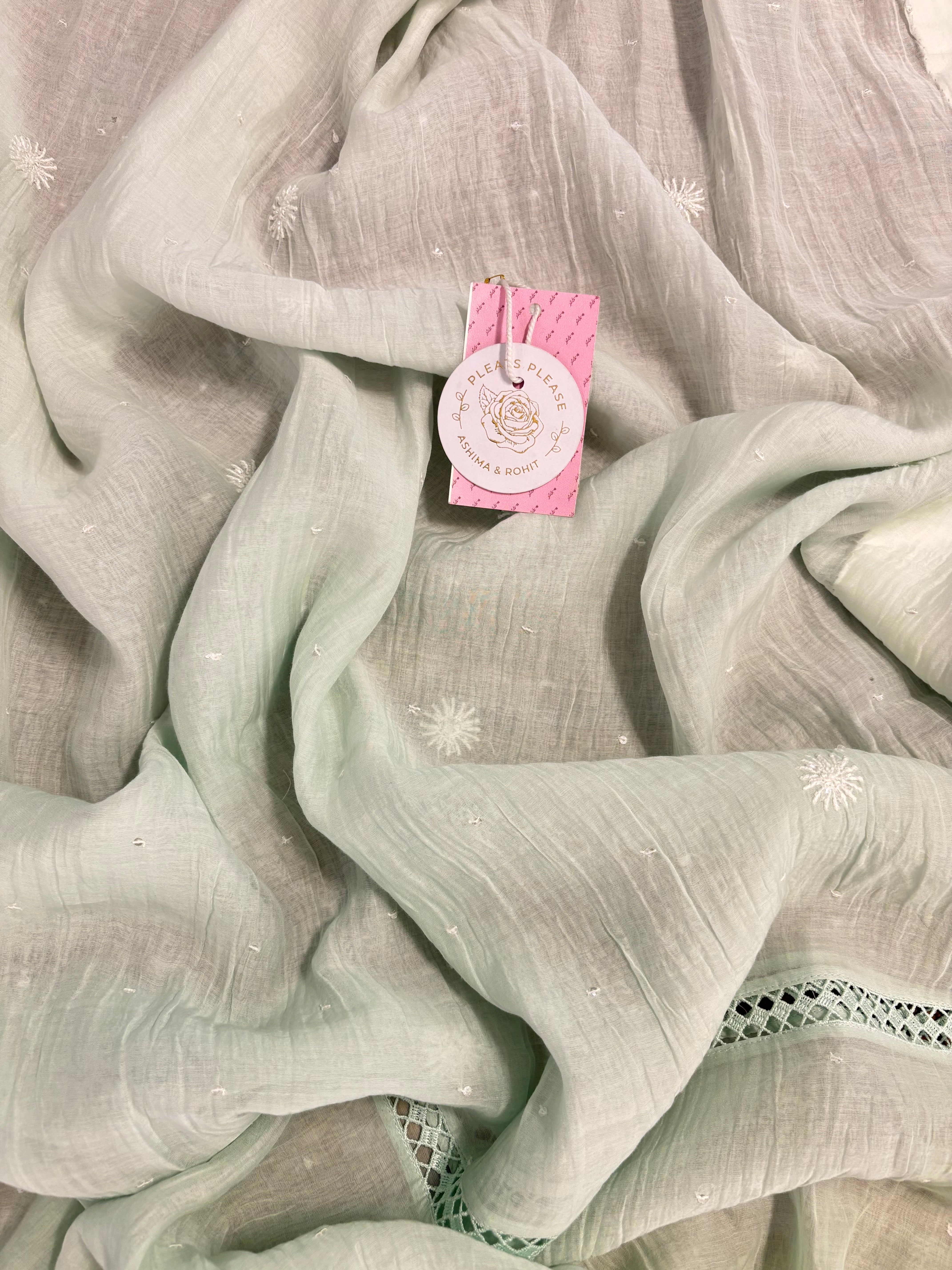 Sage Green Ombré Chanderi Mul Chikankari Kurta & Dupatta With Bottom - Pleats PleaseChikankari