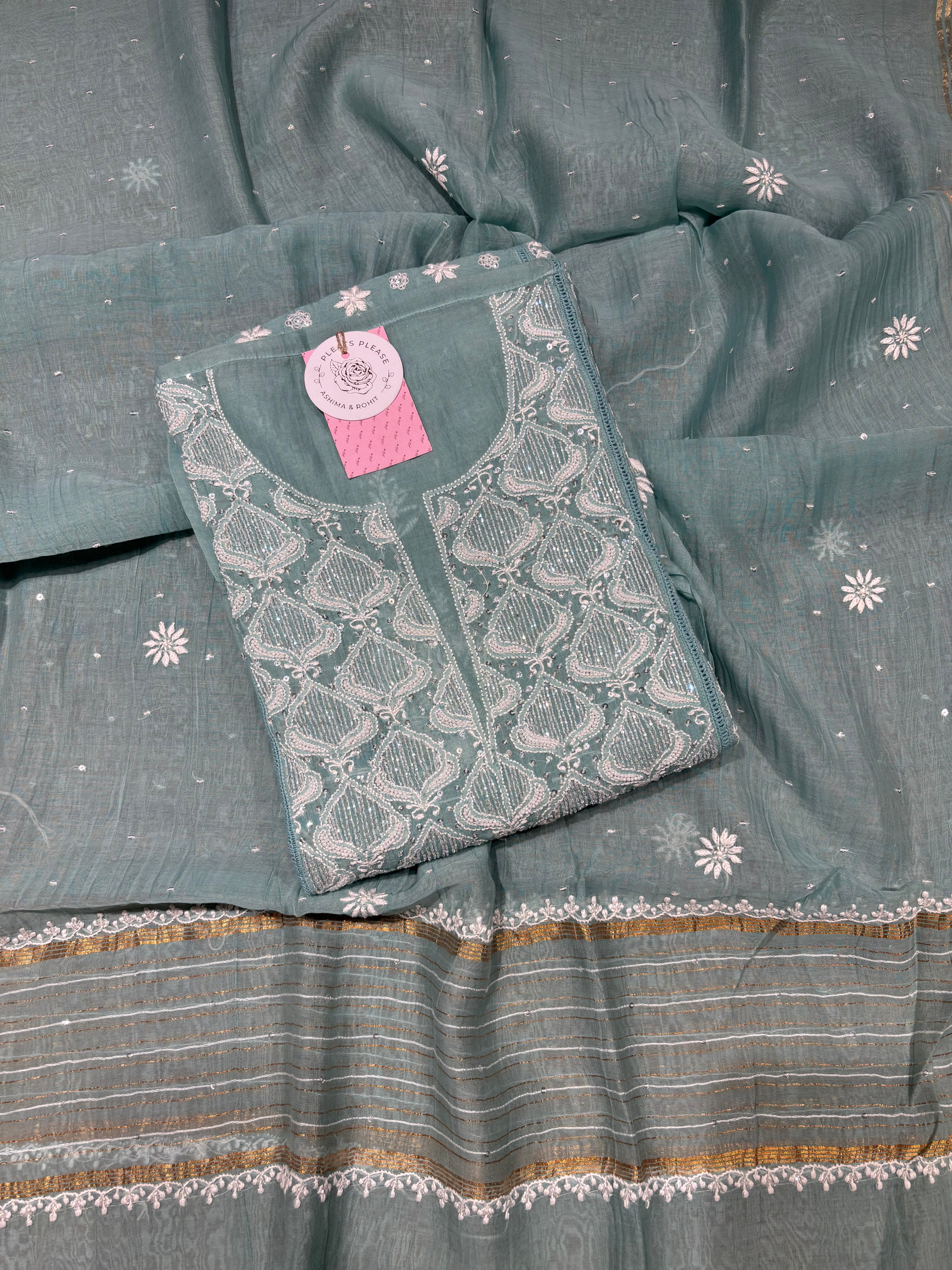 Turquoise Blue Chanderi Mul Chikankari Kurta & Dupatta set
