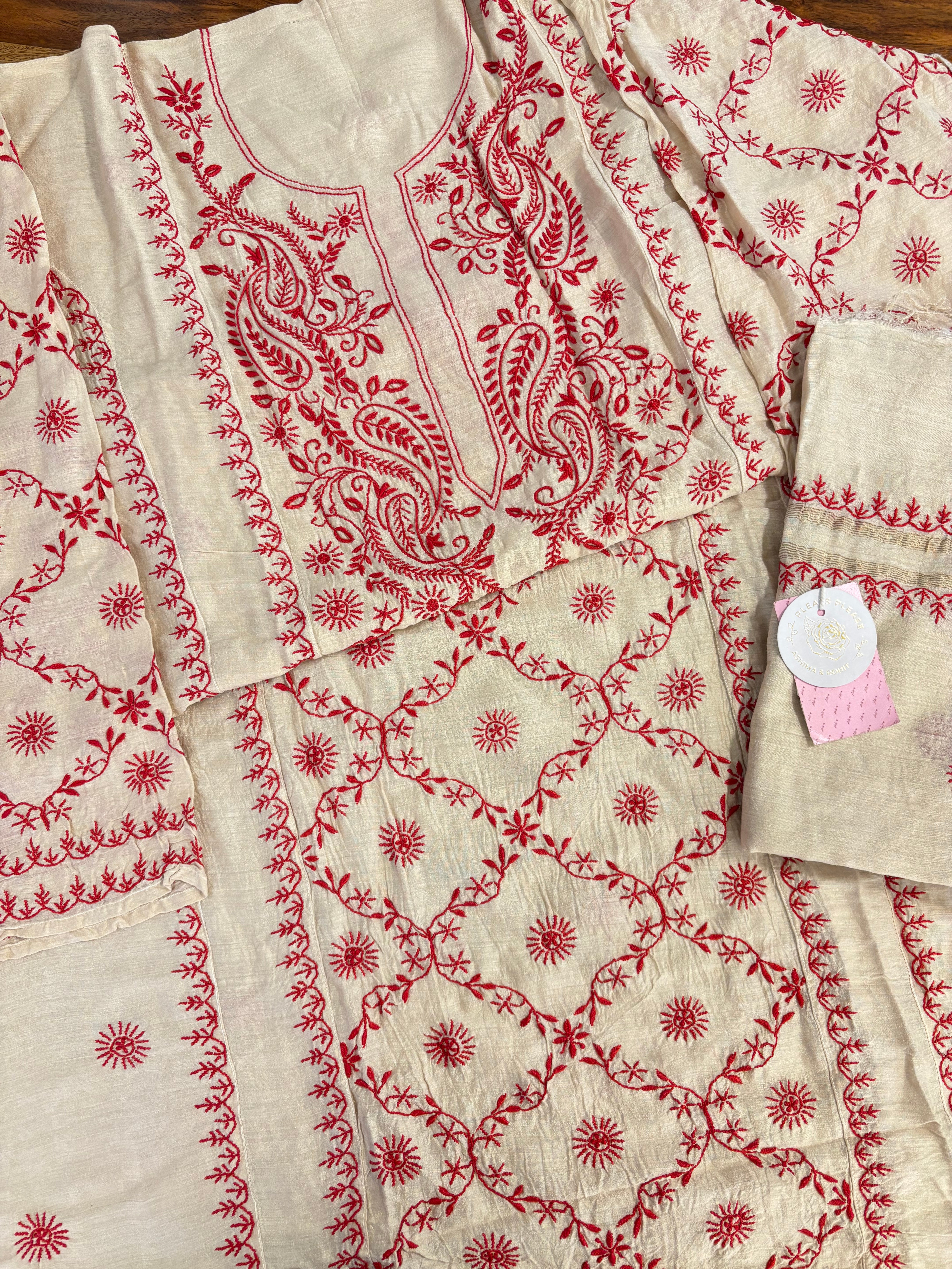 Dyeable Munga Silk Chikankari Kurta & Dupatta Set