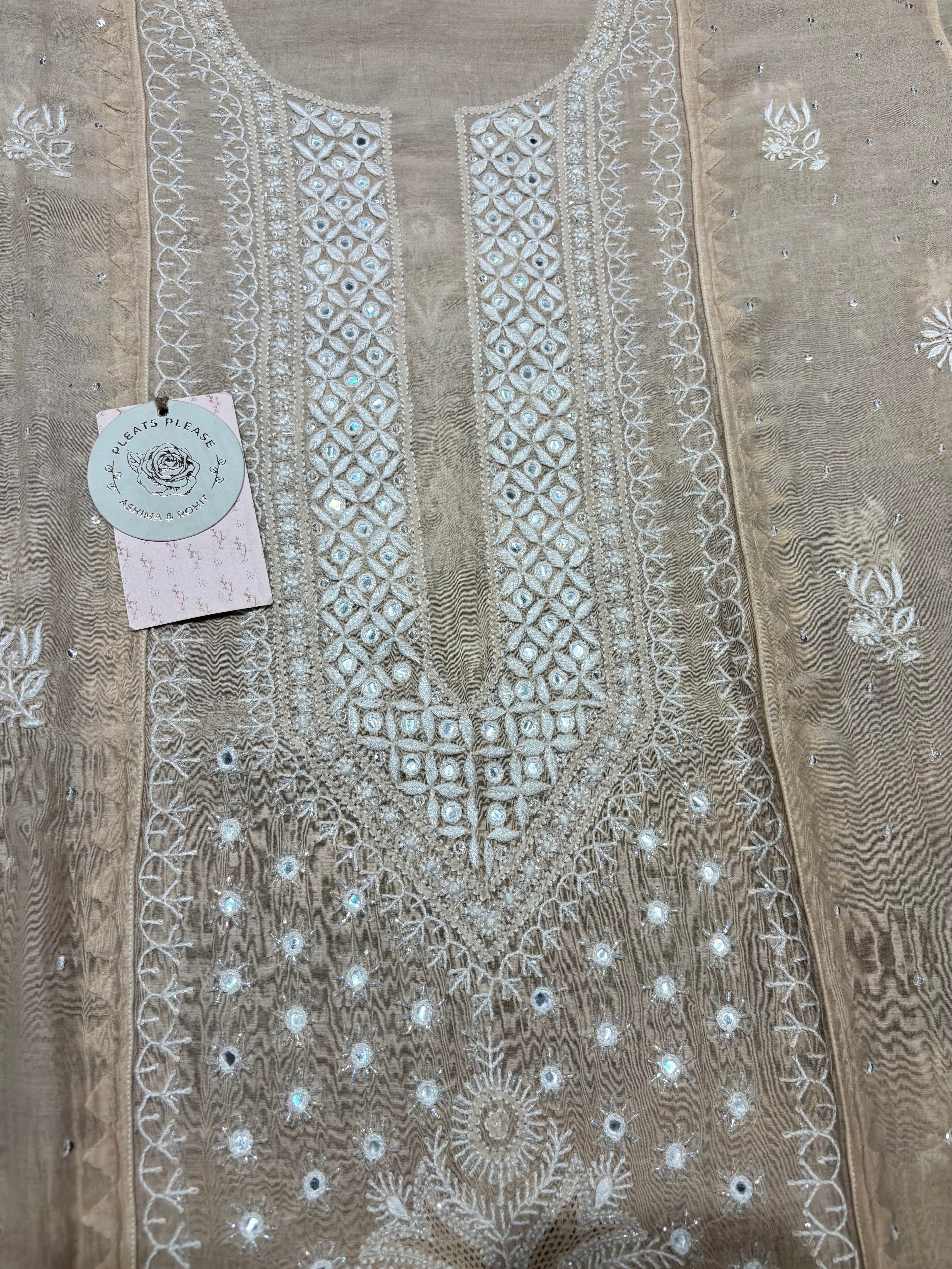 Coffee Cream Chanderi Mul  Chikankari Kurta and Dupatta Set