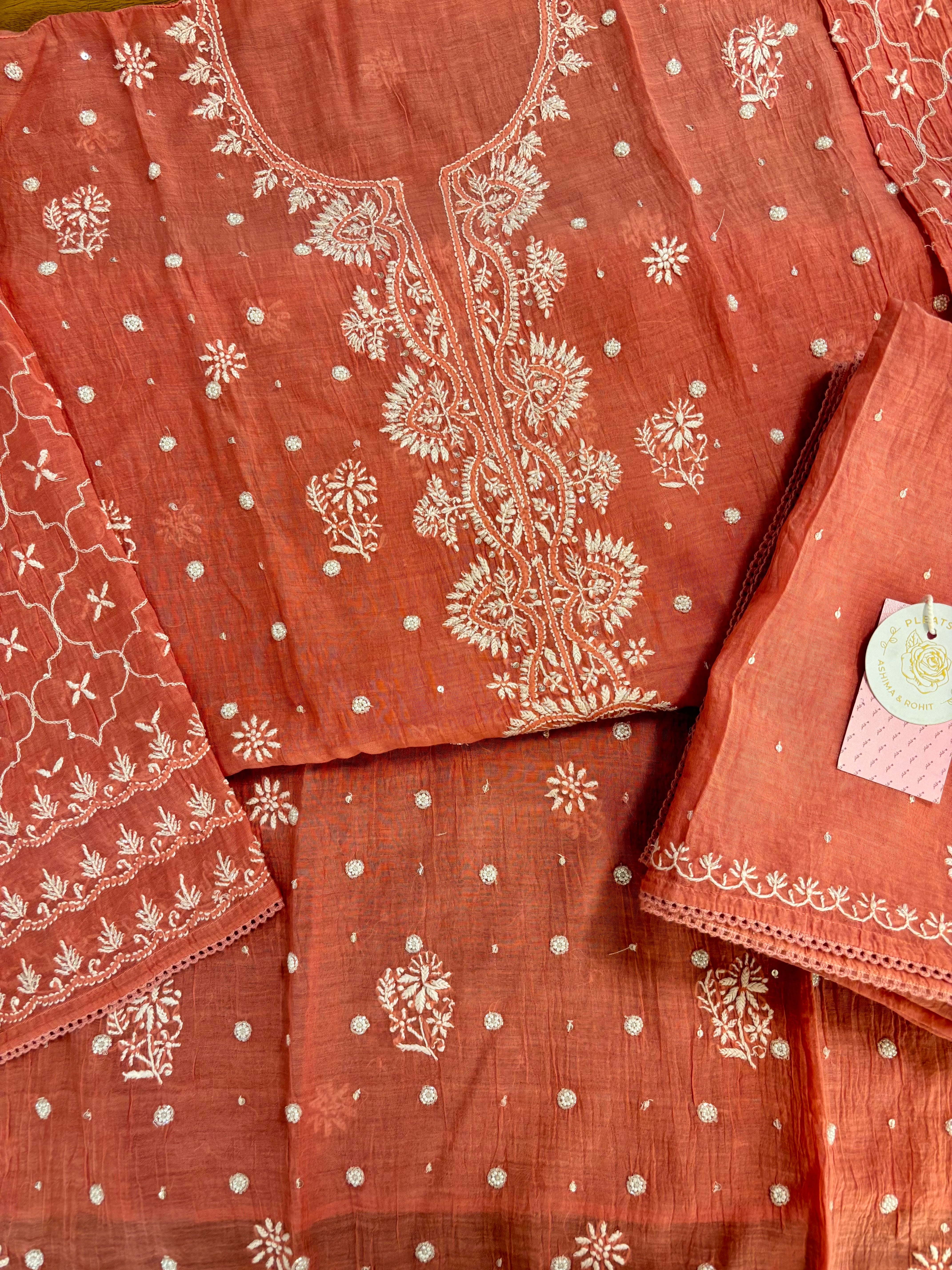 Peach Chanderi Mul Chikankari Kurta & Dupatta