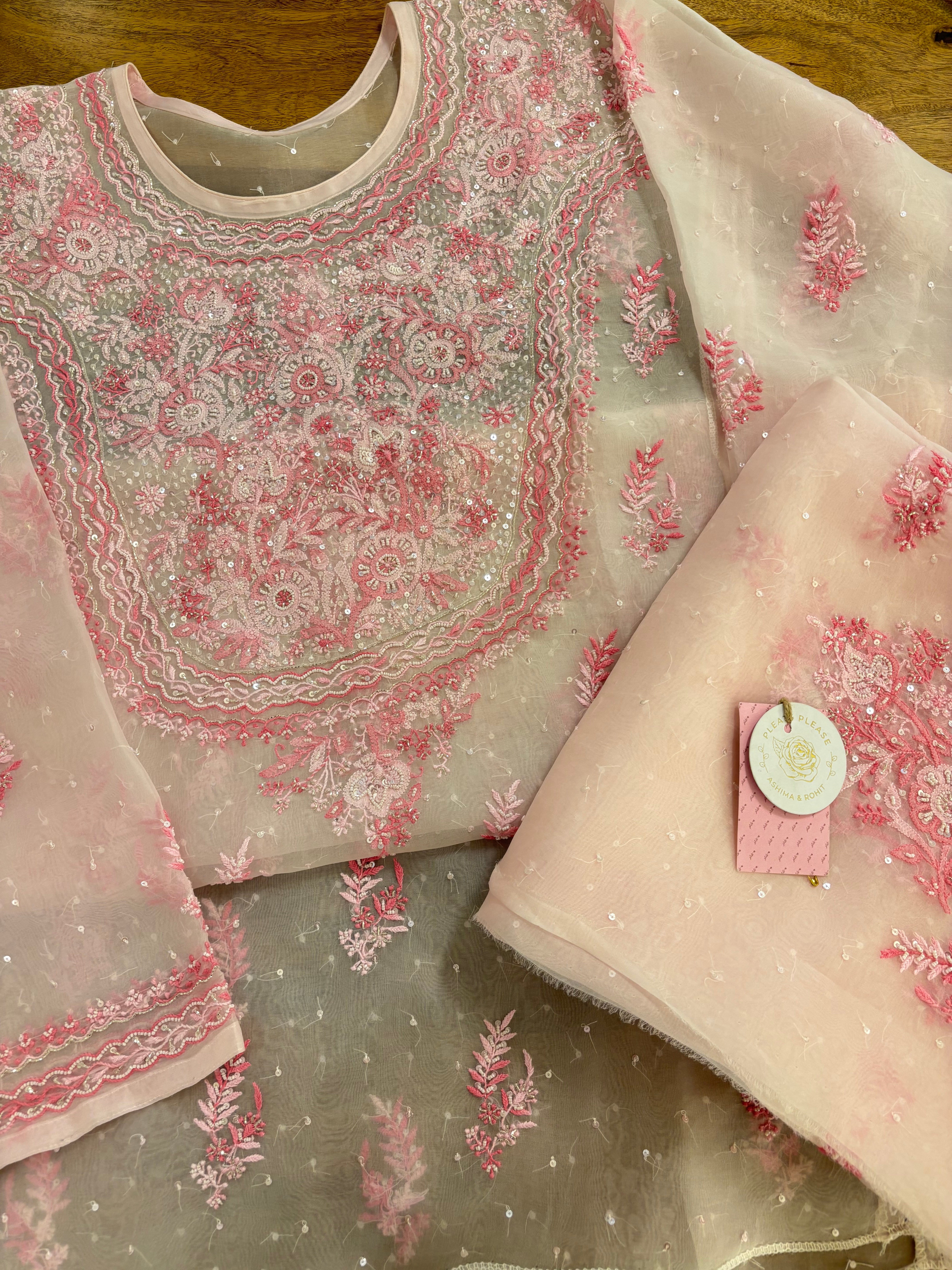 Baby Pink Organza Chikankari A-Line Kurta & Dupatta
