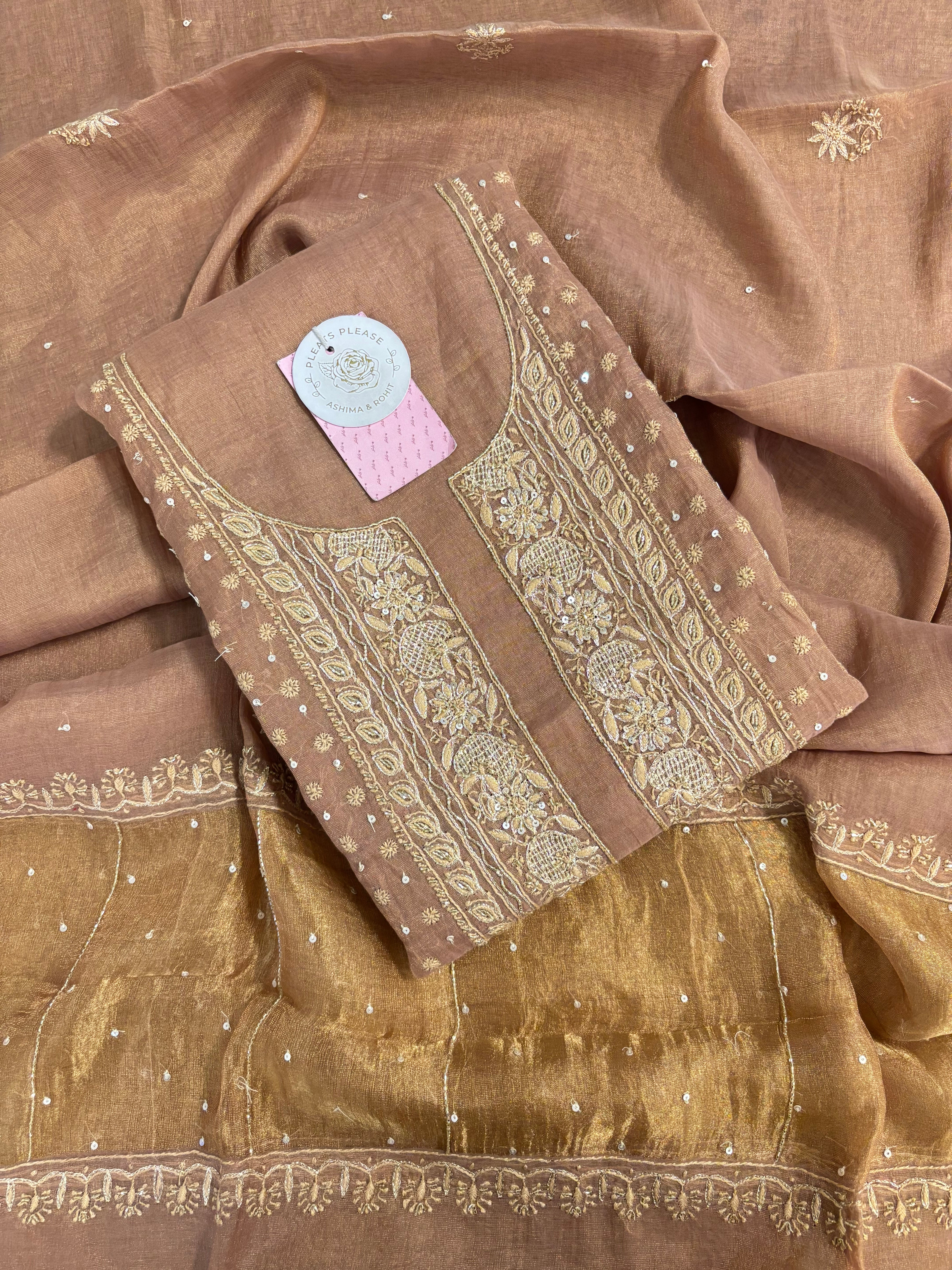 Antique Copper Pure & Premium Tissue Chikankari Kurta & Dupatta