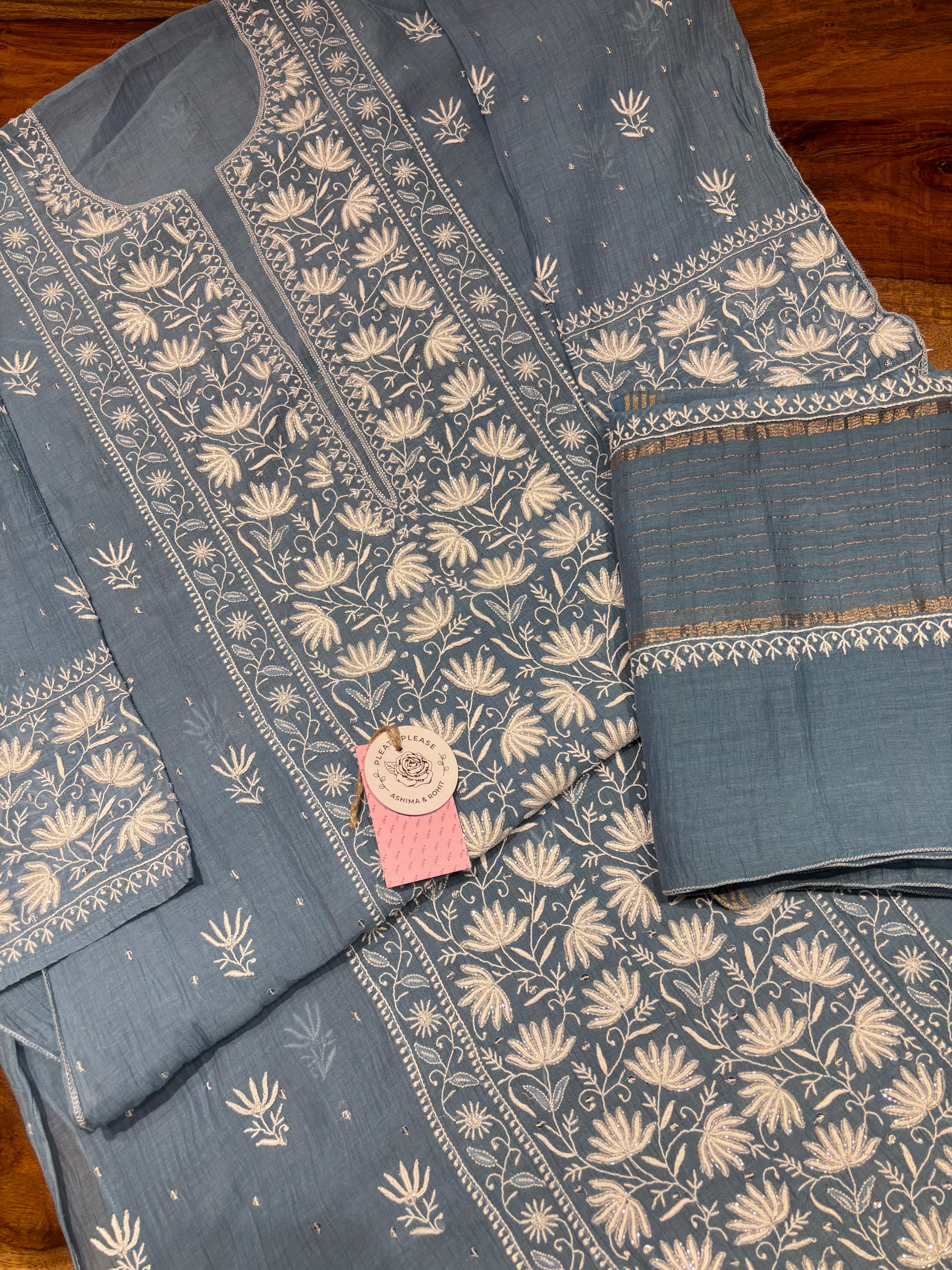 Blue Chanderi Mul Chikankari Kurta & Dupatta Set