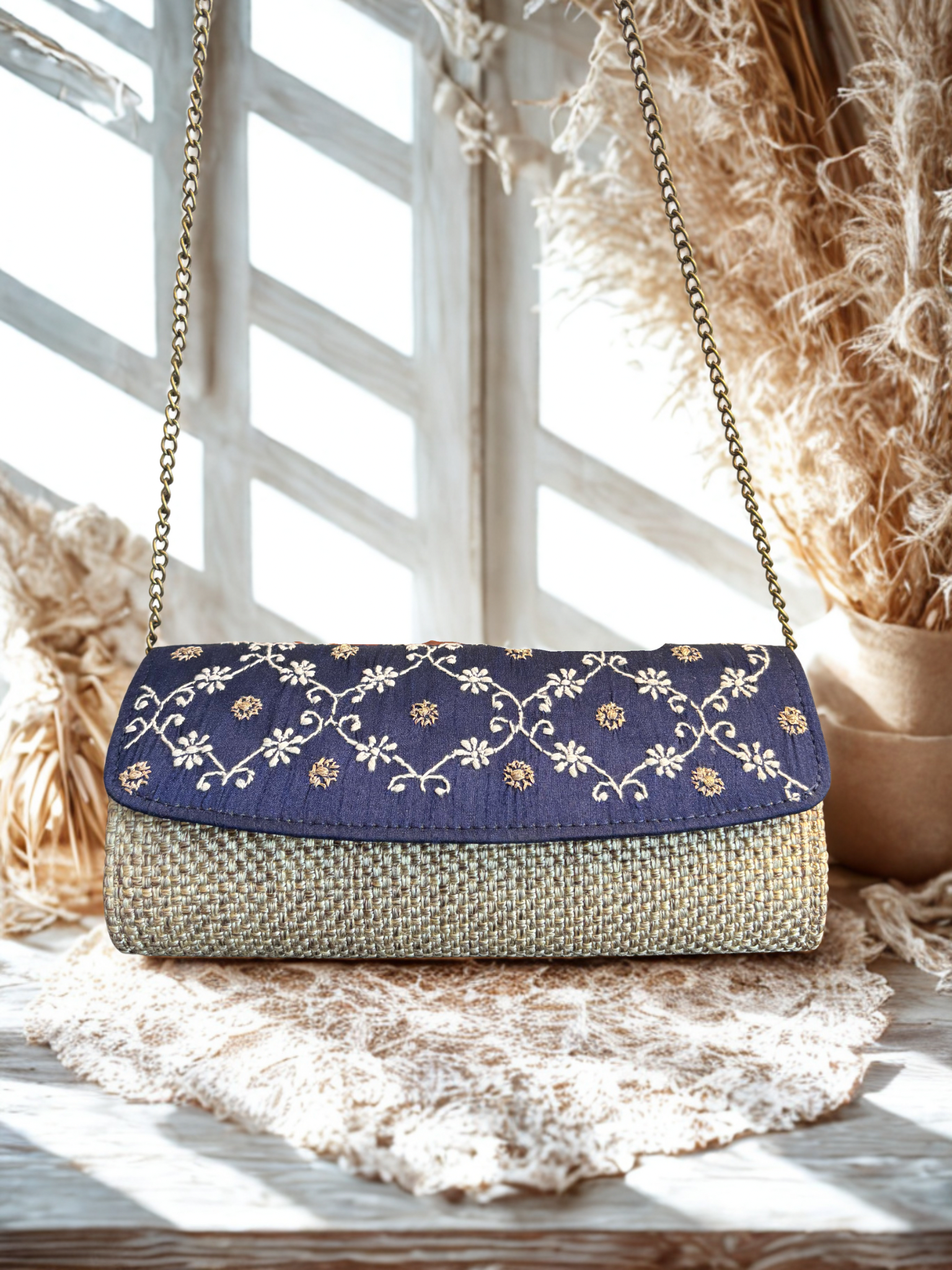 Navy Blue Chikankari Clutch Jute Bag