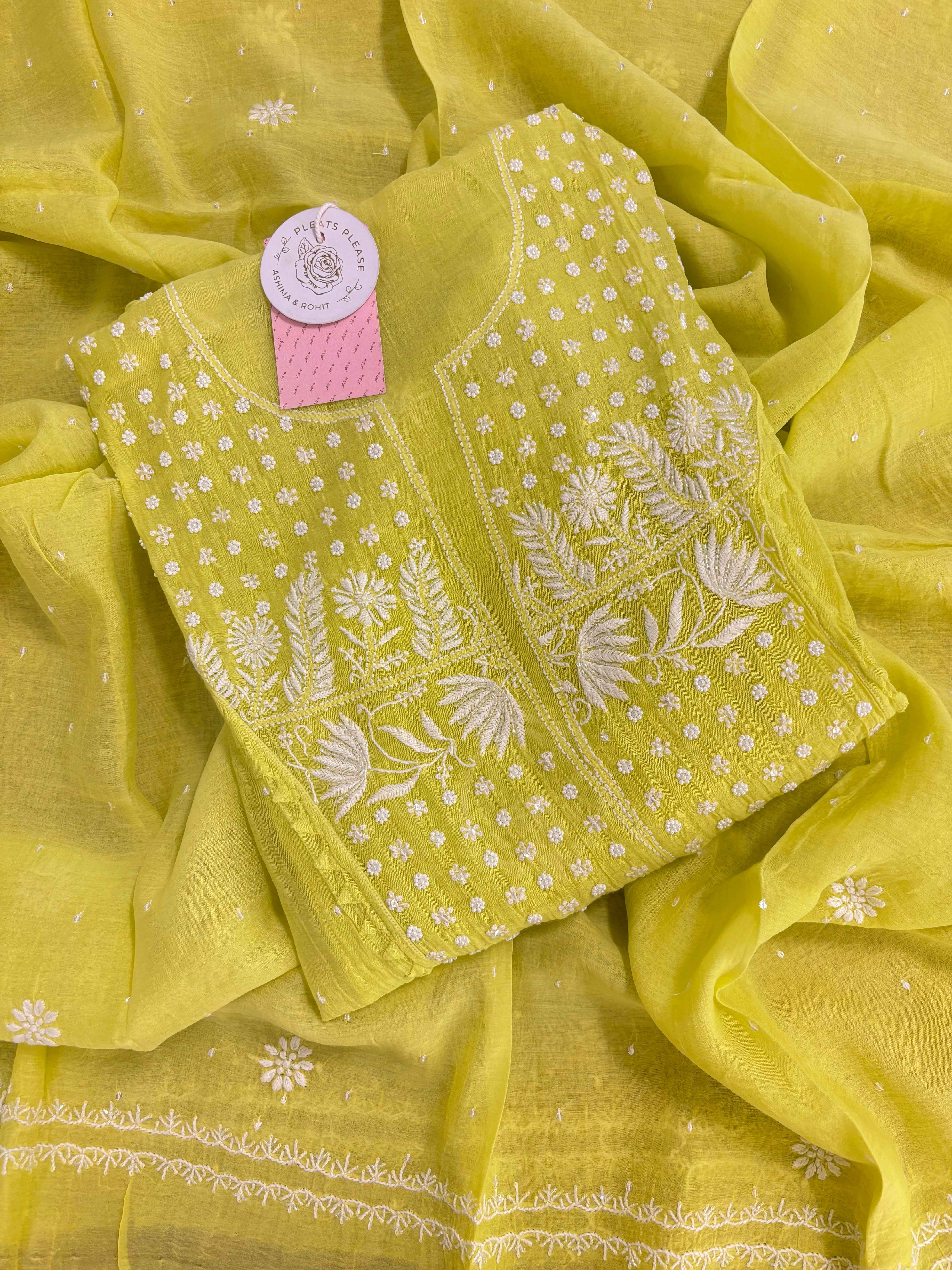 Neon Green Chanderi Mul Chikankari Kurta & Dupatta