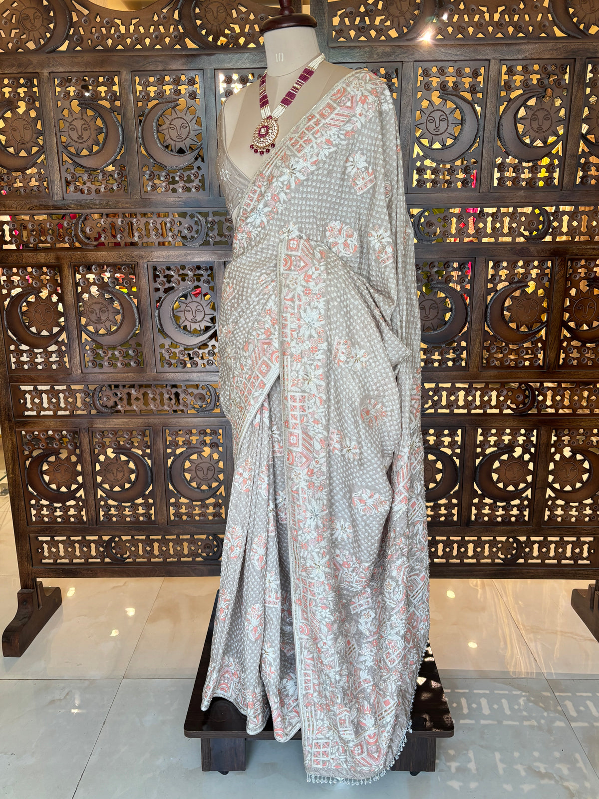Platinum Grey Bandhej Zardozi Embellished Saree