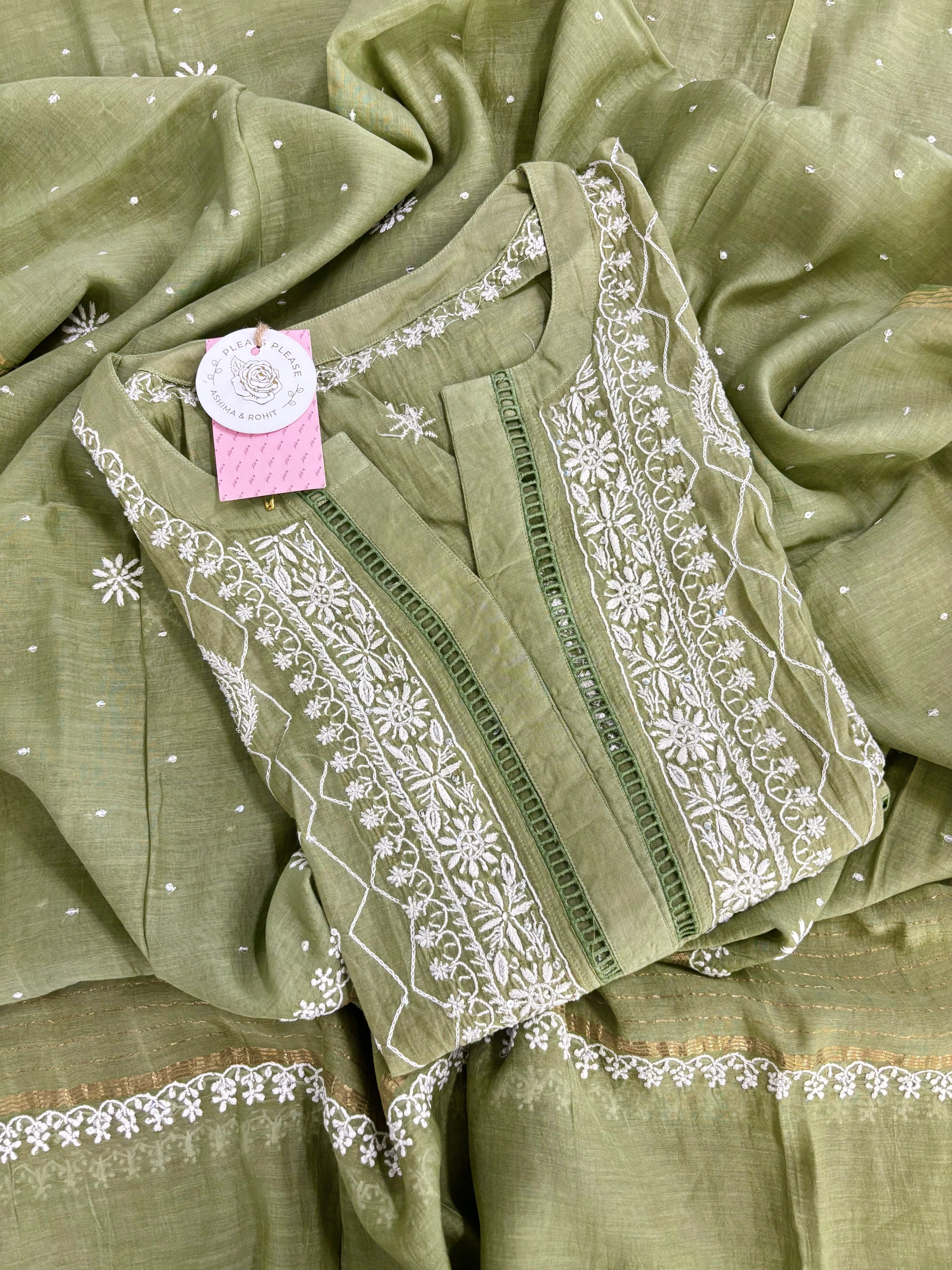 Olive Green Chanderi Mul Chikankari Kurta & Dupatta