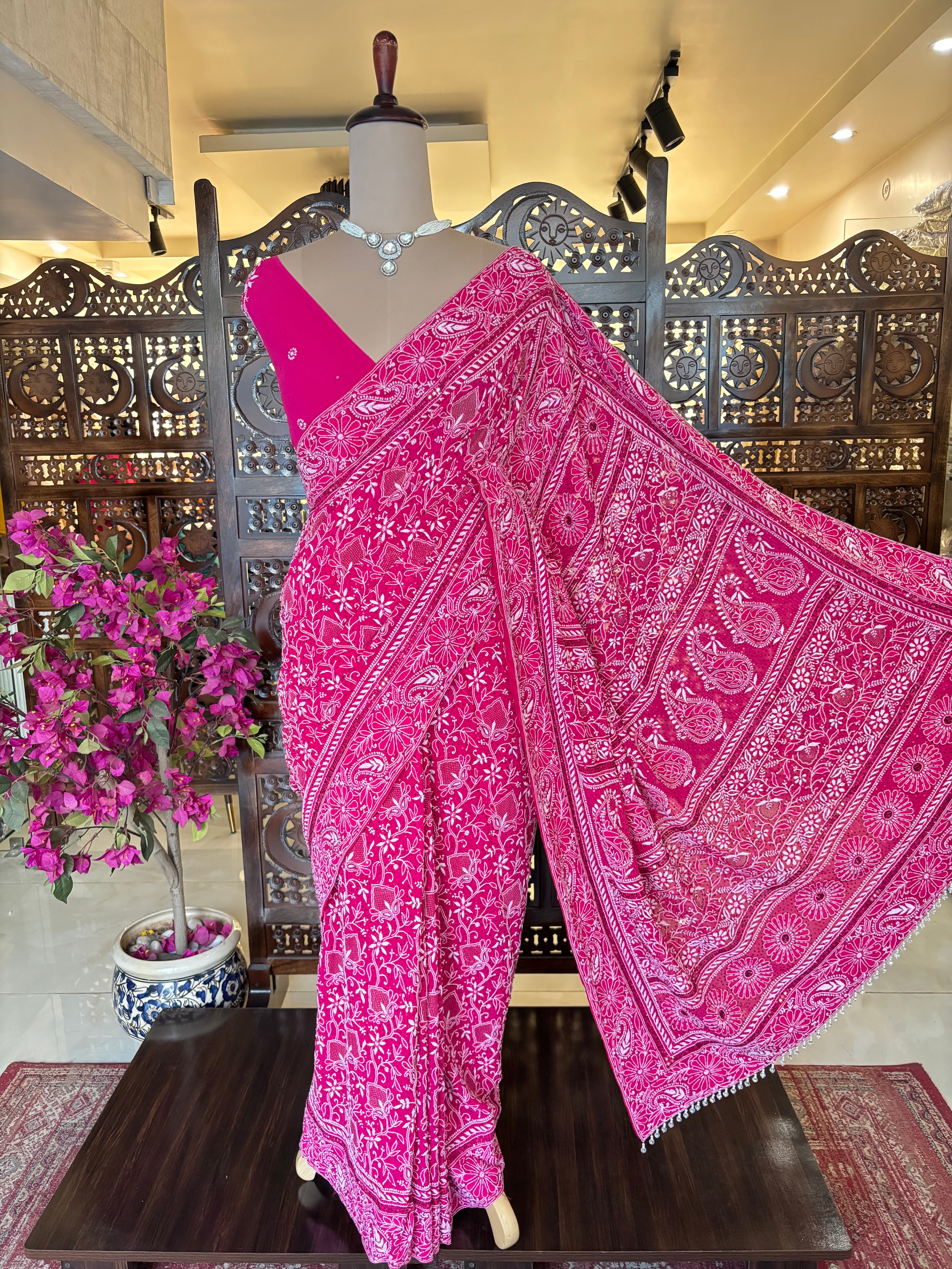 Magenta Pure & Premium Georgette Chikankari Saree