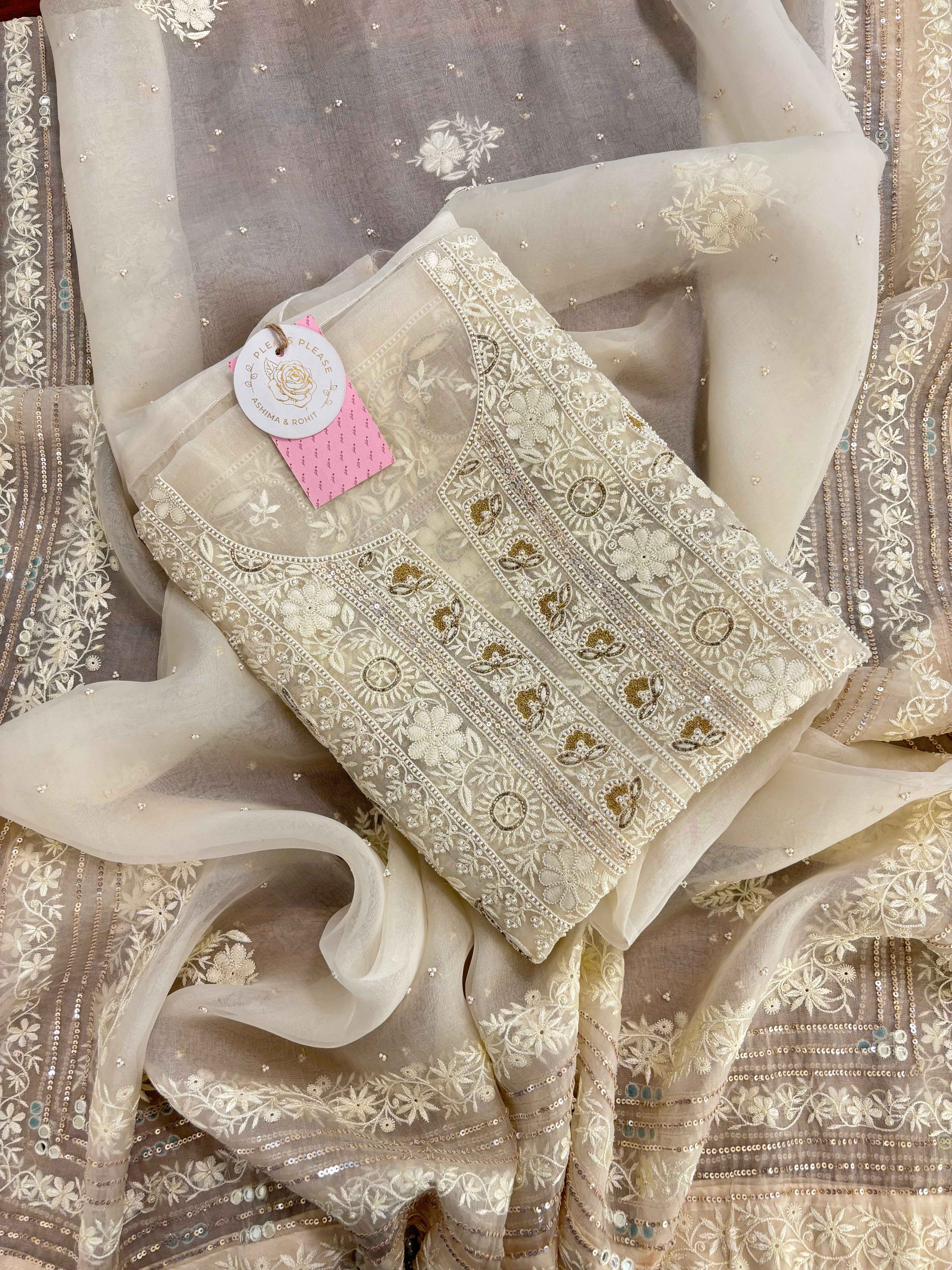 Dyeable Pure & Premium Organza Chikankari Kurta & Dupatta