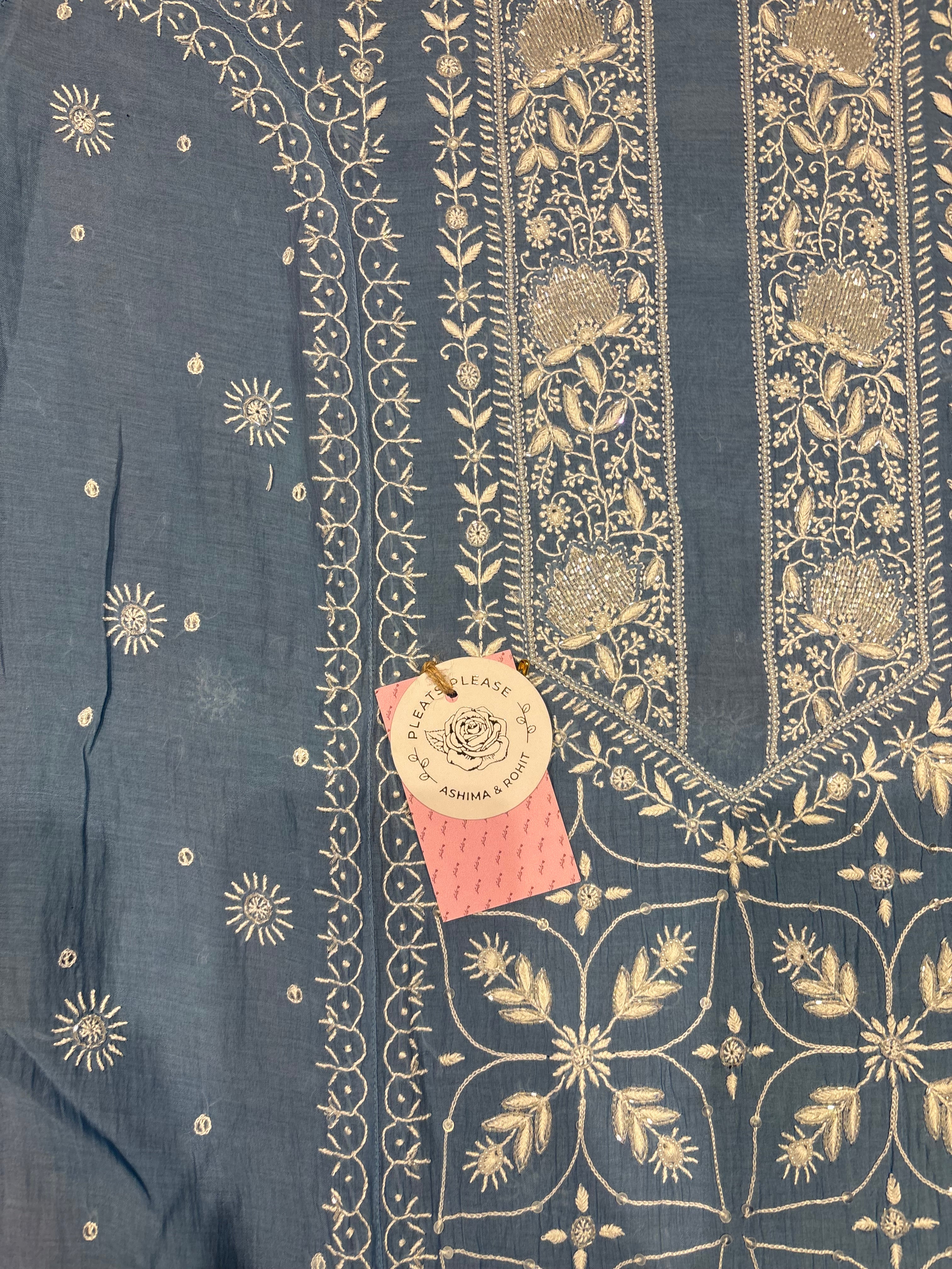 Blue Chanderi Mul Chikankari Kurta and Dupatta Set