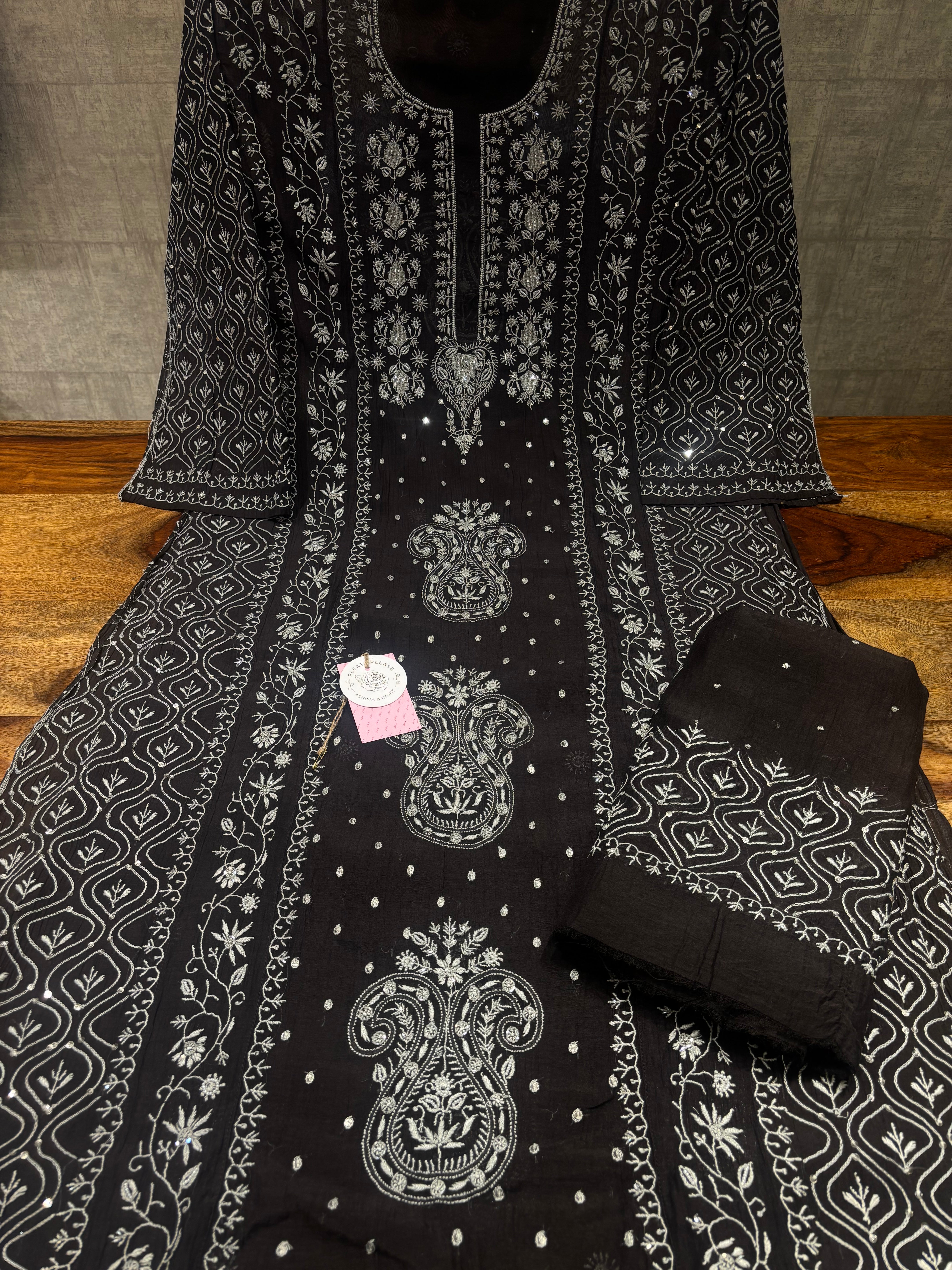 Black Chanderi Mul Chikankari Kurta & Dupatta Set