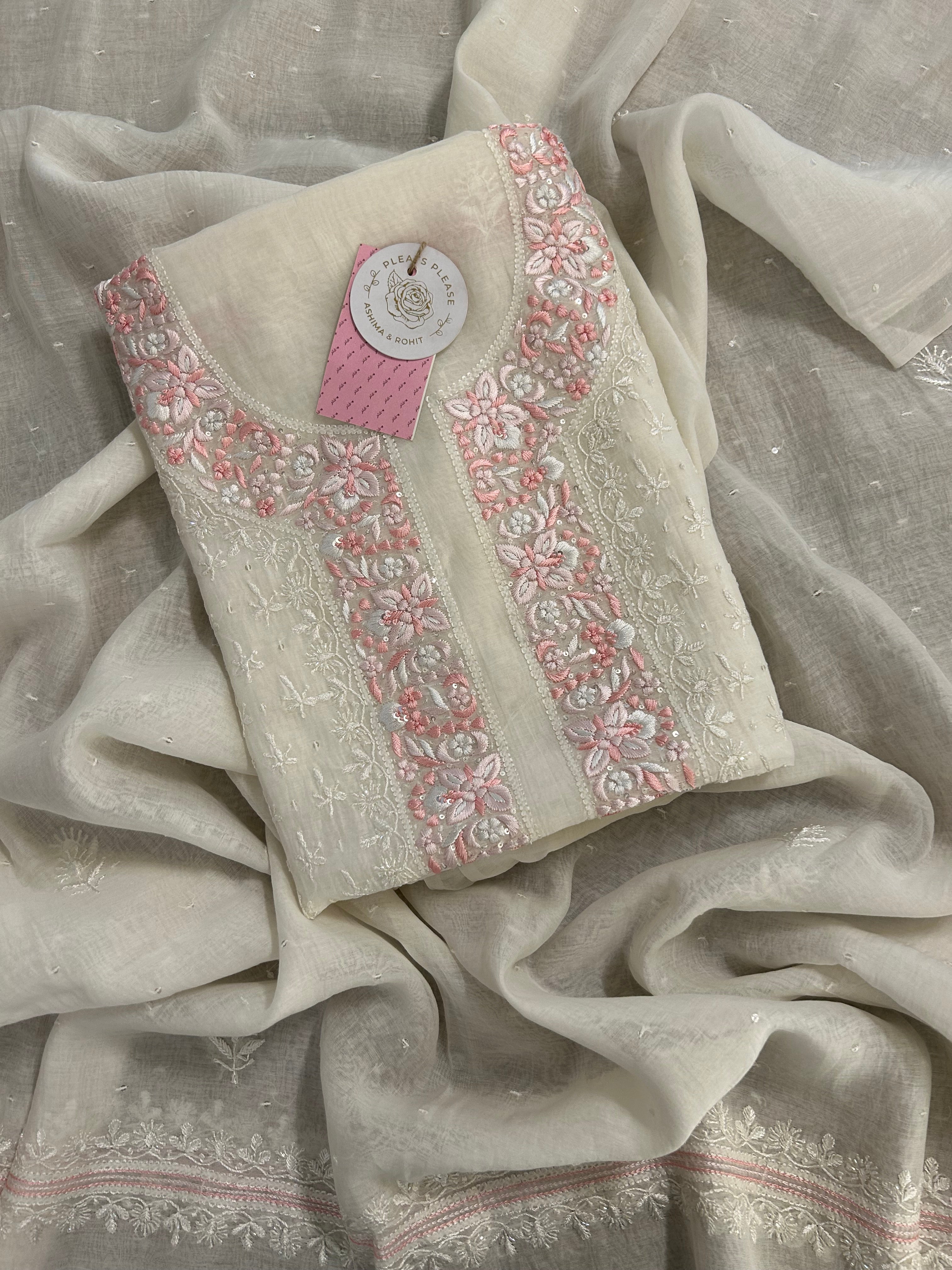 Dyeable Chanderi Parsi Gara Chikankari Kurta & Dupatta