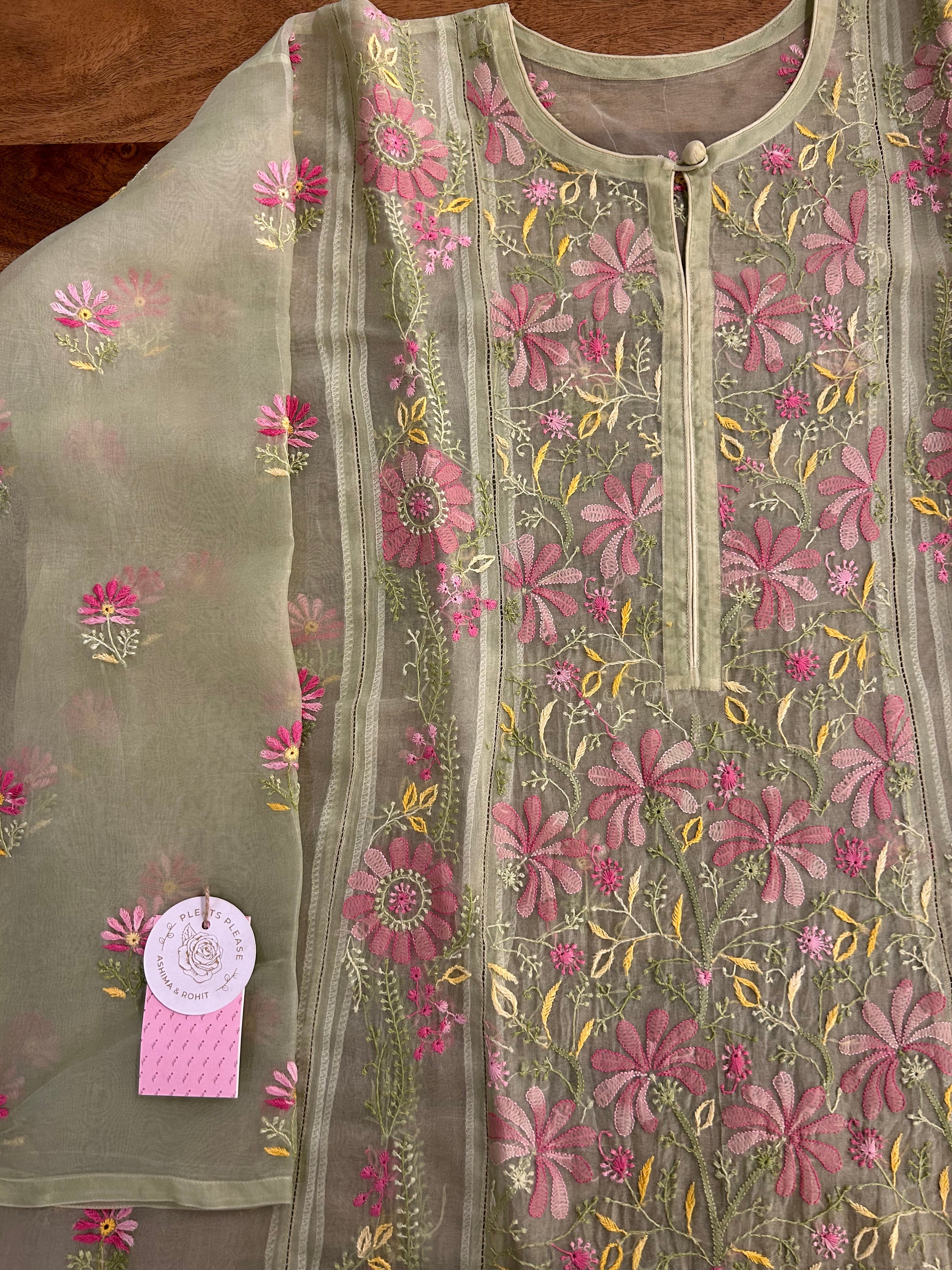 Sage Mist Pure Organza Chikankari Kurta & Dupatta