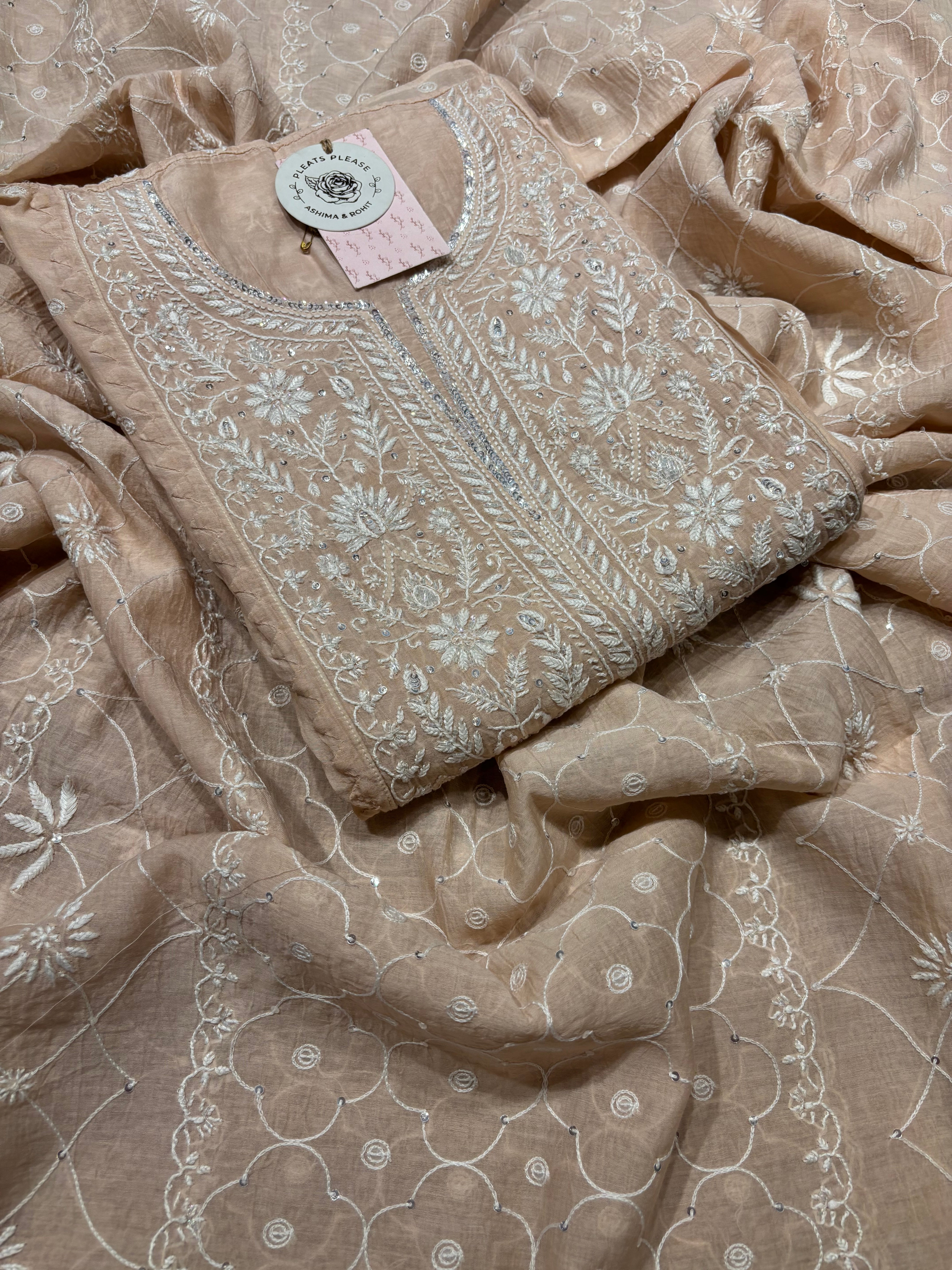 Peach Chanderi Mul Chikankari Kurta and Dupatta