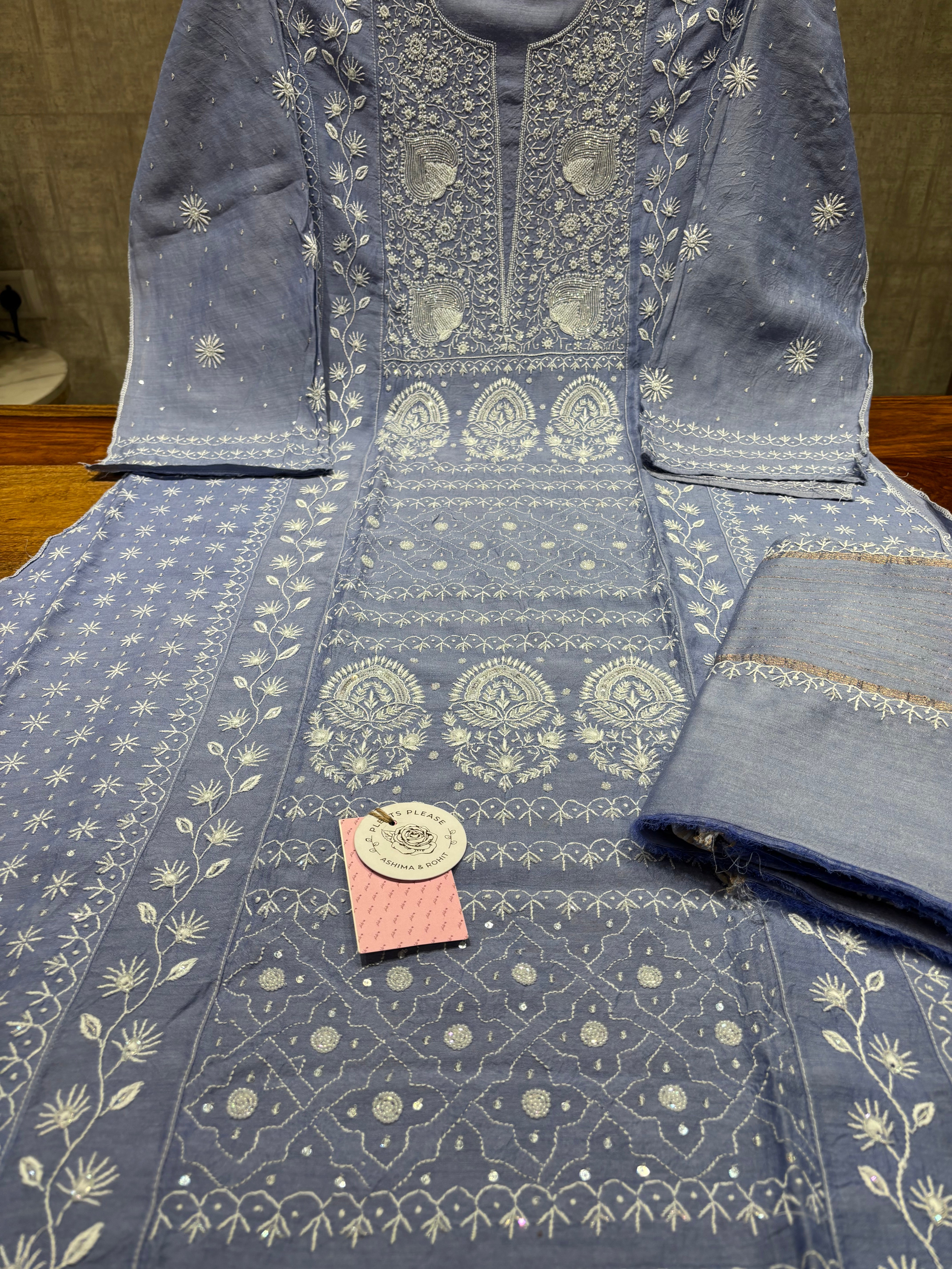 Blue pure Monga Silk Chikankari Kurta and Dupatta Set