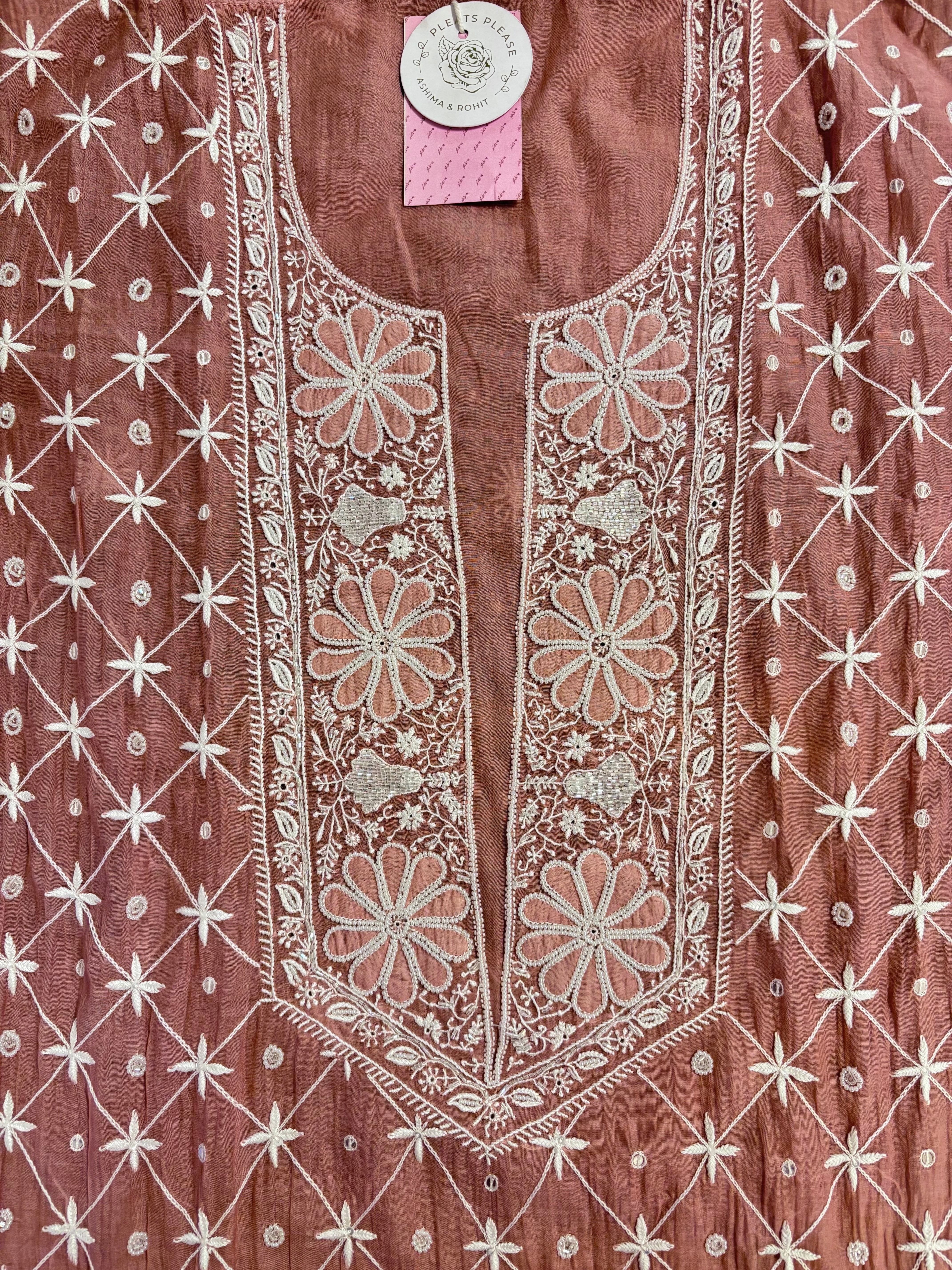 Dusty Peach Chanderi Mul Chikankari Kurta & Heavy Dupatta