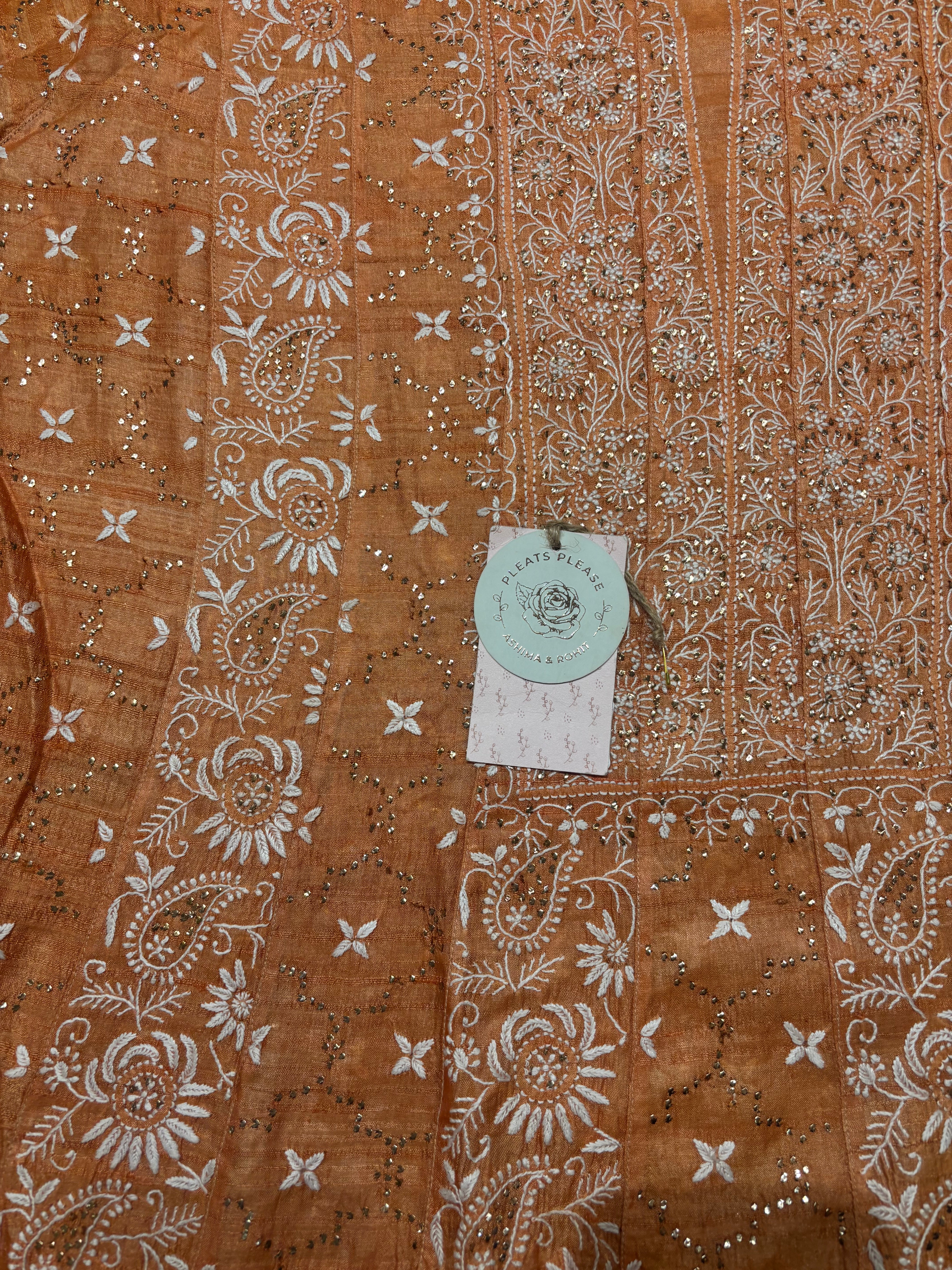Orange Pure And Premium Tussar Silk Chikankari & Mukaish Anarkali and Dupatta Set