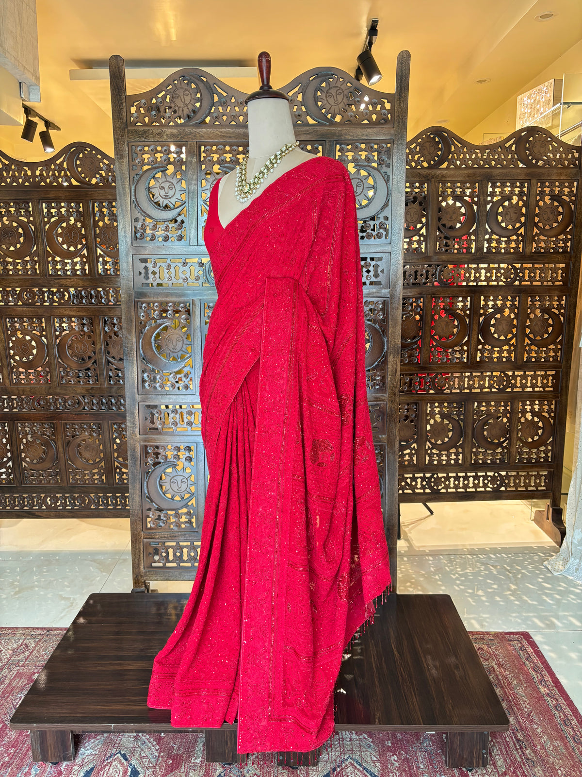 Crimson Red Pure & Premium Georgette Chikankari Saree - Pleats PleaseChikankari
