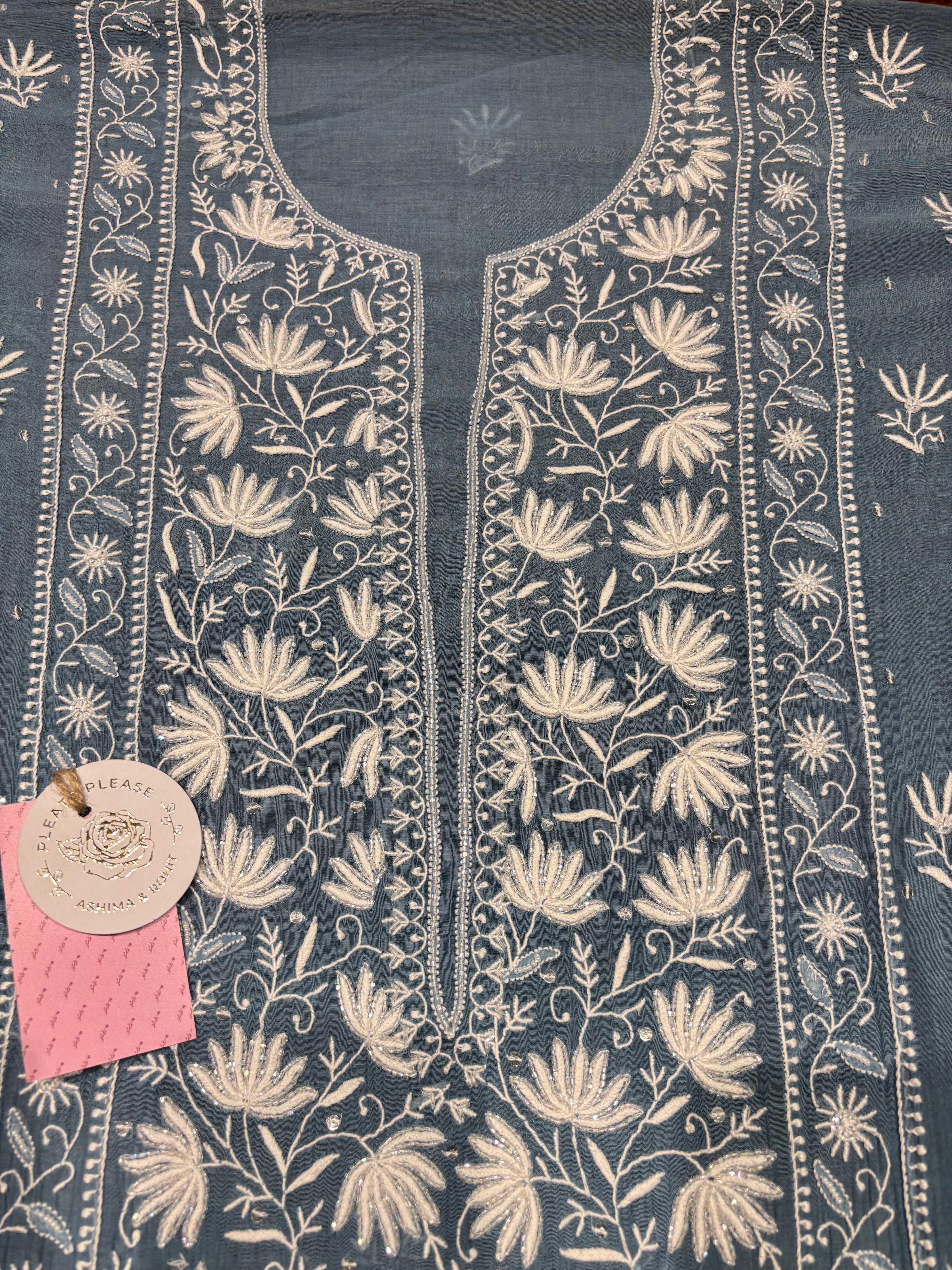 Blue Chanderi Mul Chikankari Kurta & Dupatta Set